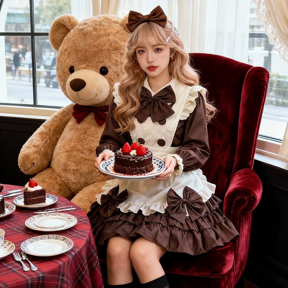 Brown Long Sleeve Maid Dress Cosplay Costume with Apron, Bows and Headpiece
