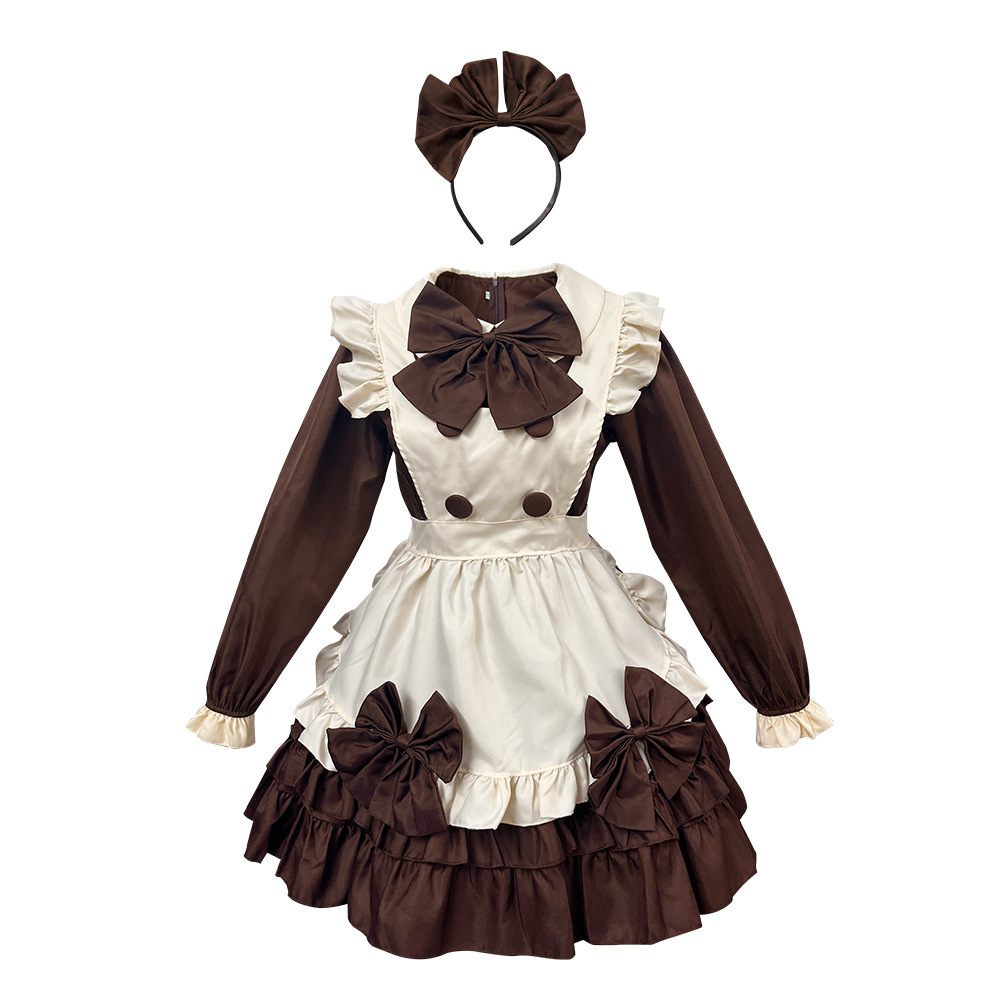 Brown Long Sleeve Maid Dress Cosplay Costume with Apron, Bows and Headpiece