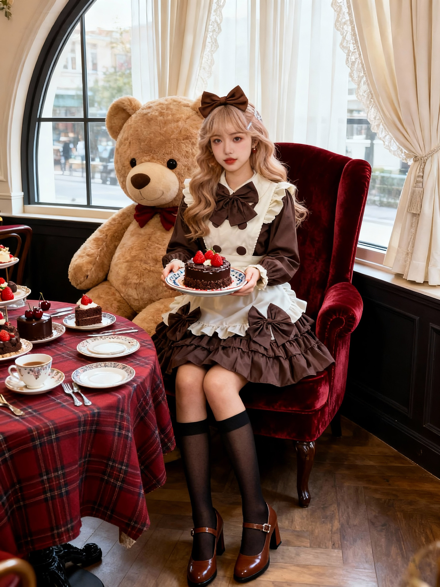 Brown Long Sleeve Maid Dress Cosplay Costume with Apron, Bows and Headpiece