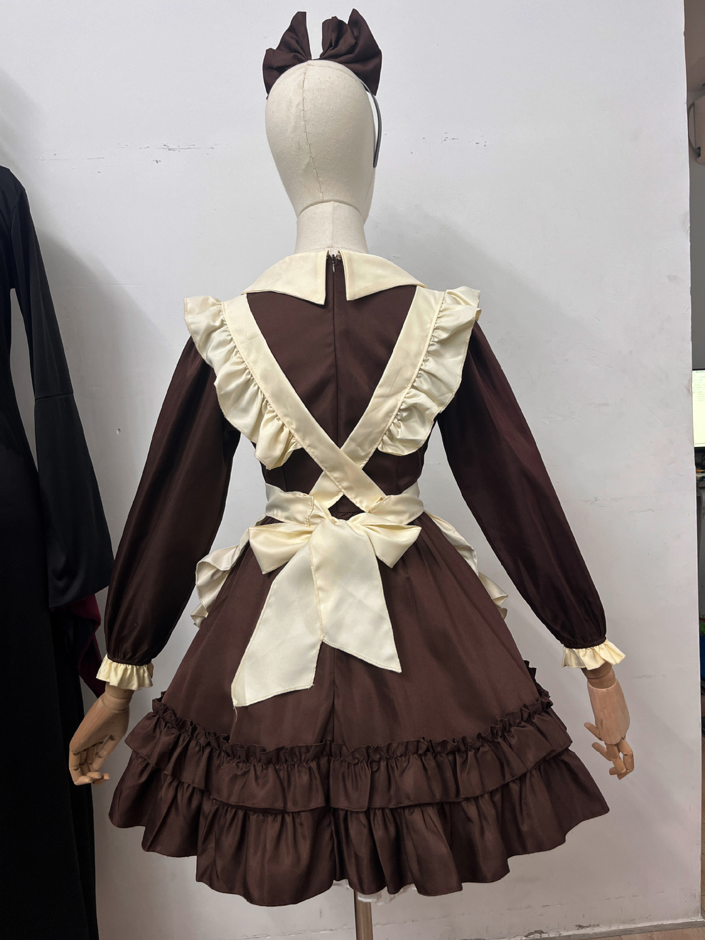 Brown Long Sleeve Maid Dress Cosplay Costume with Apron, Bows and Headpiece