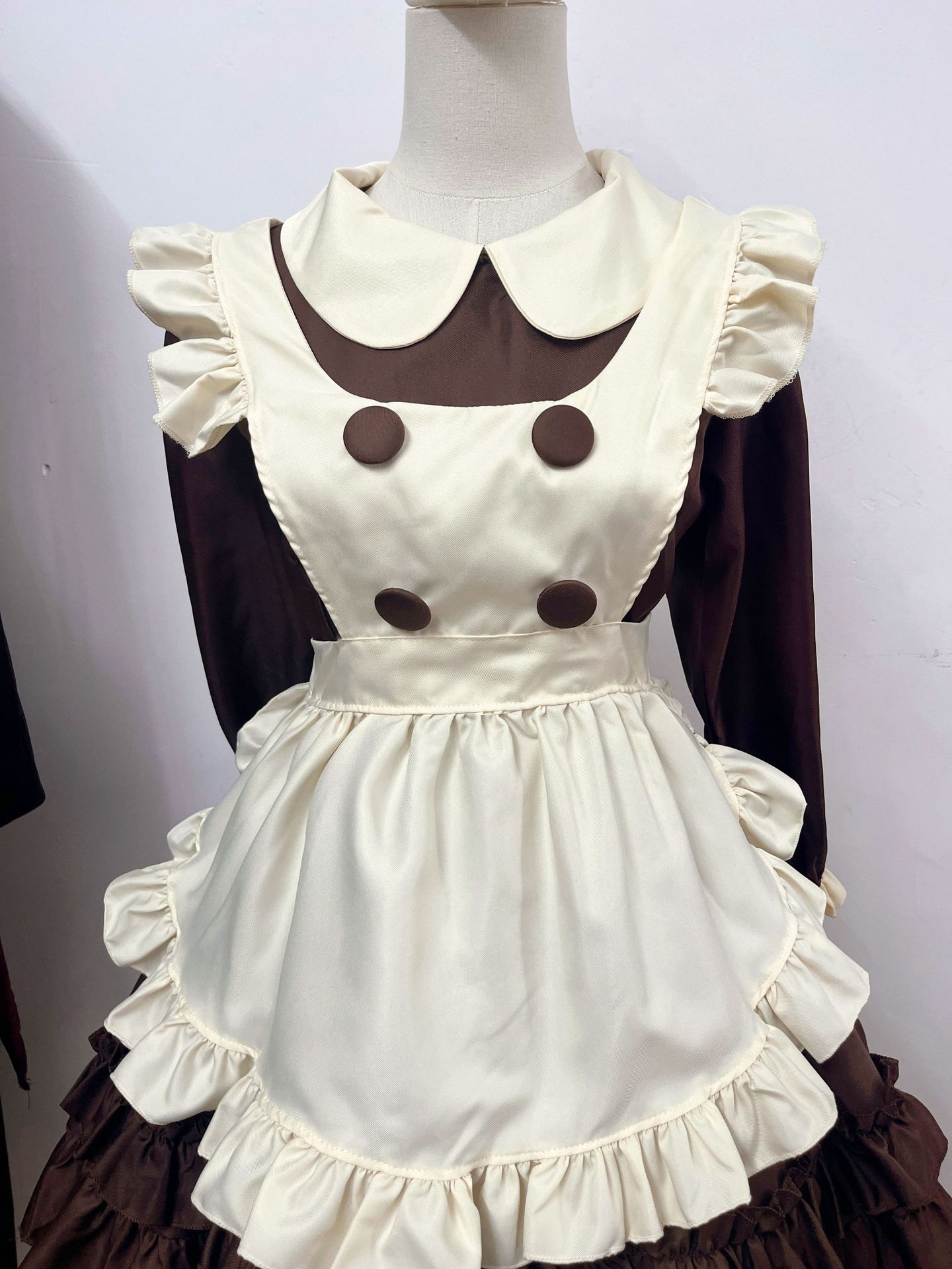 Brown Long Sleeve Maid Dress Cosplay Costume with Apron, Bows and Headpiece