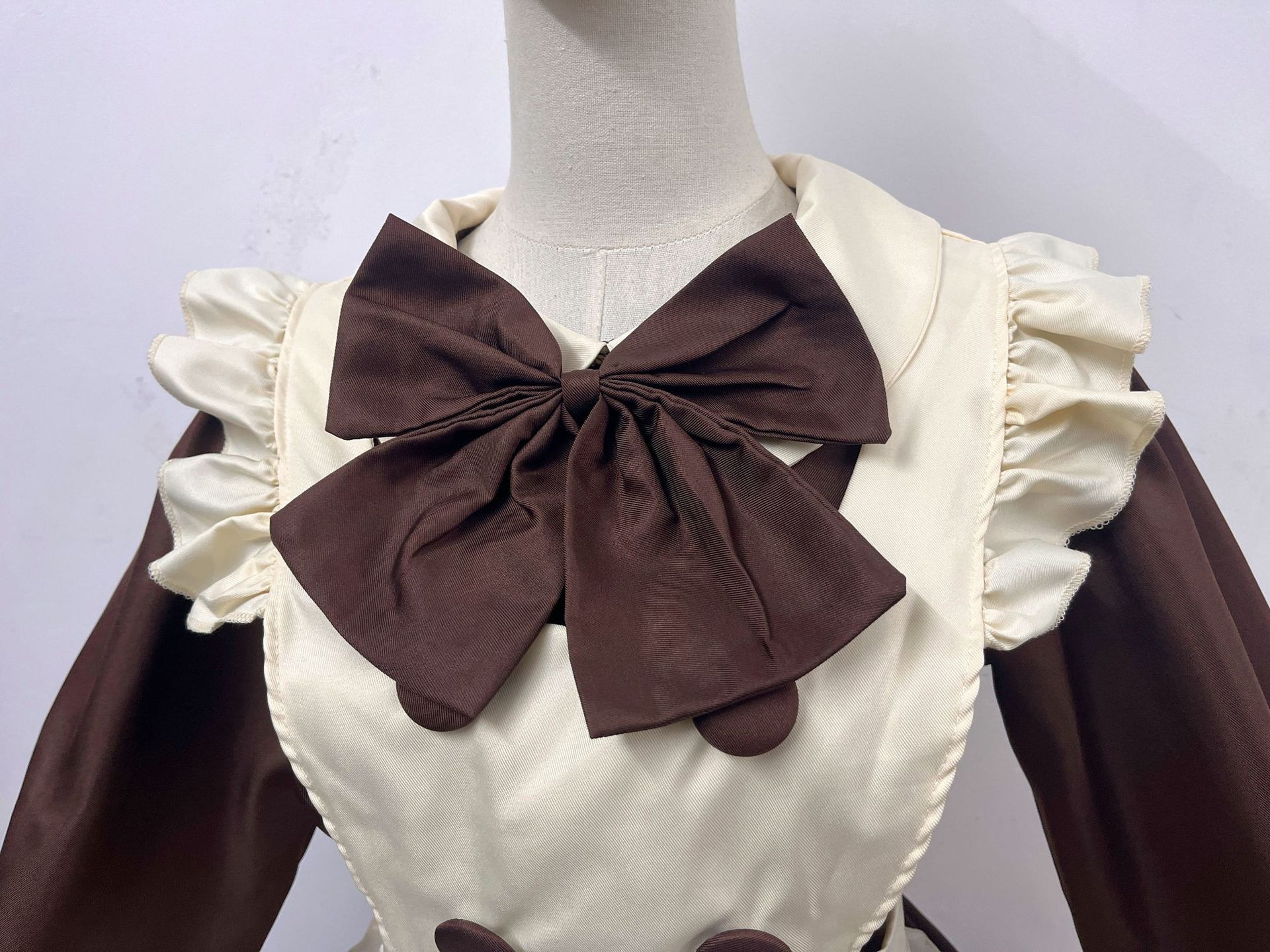 Brown Long Sleeve Maid Dress Cosplay Costume with Apron, Bows and Headpiece