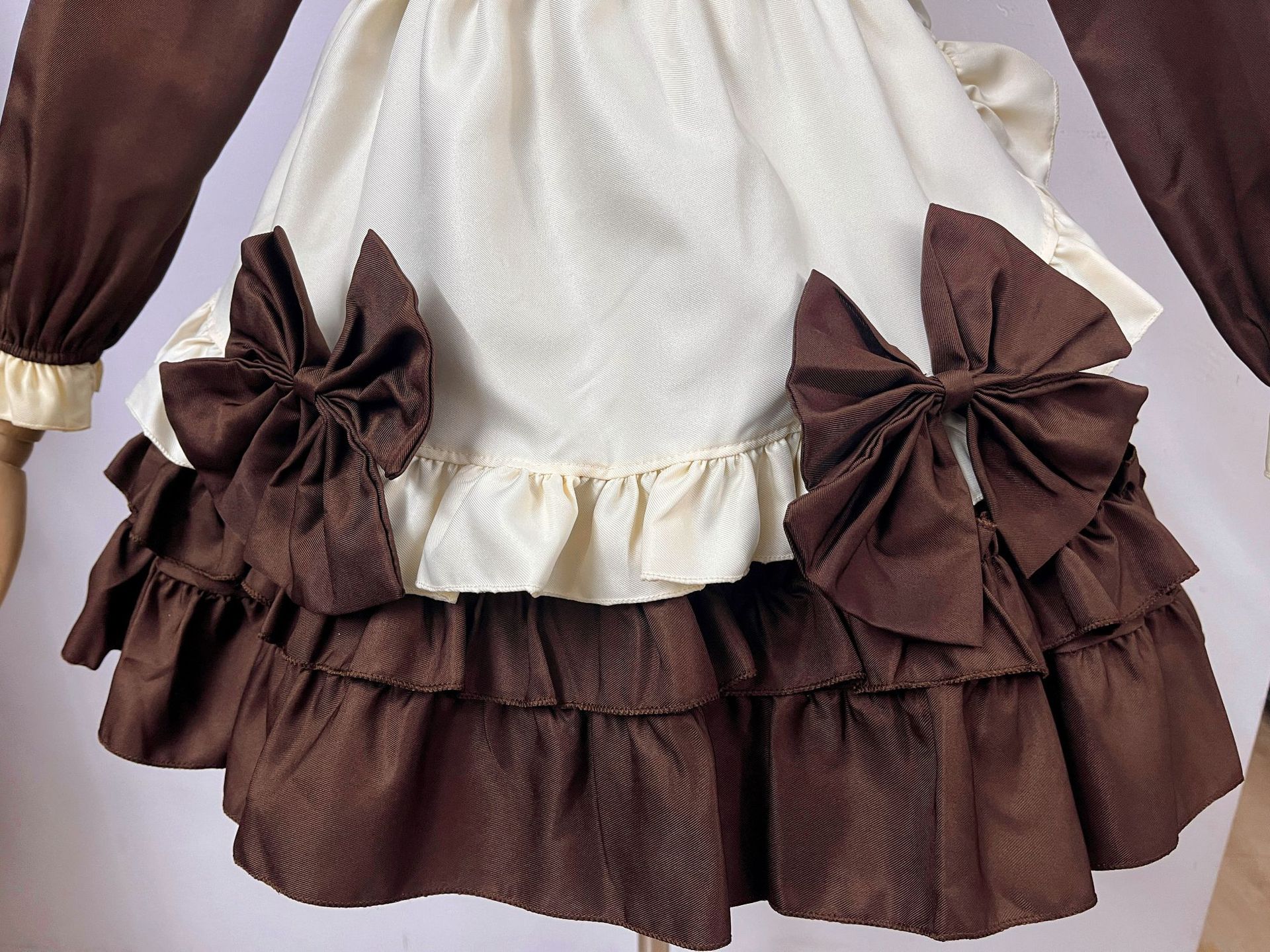 Brown Long Sleeve Maid Dress Cosplay Costume with Apron, Bows and Headpiece