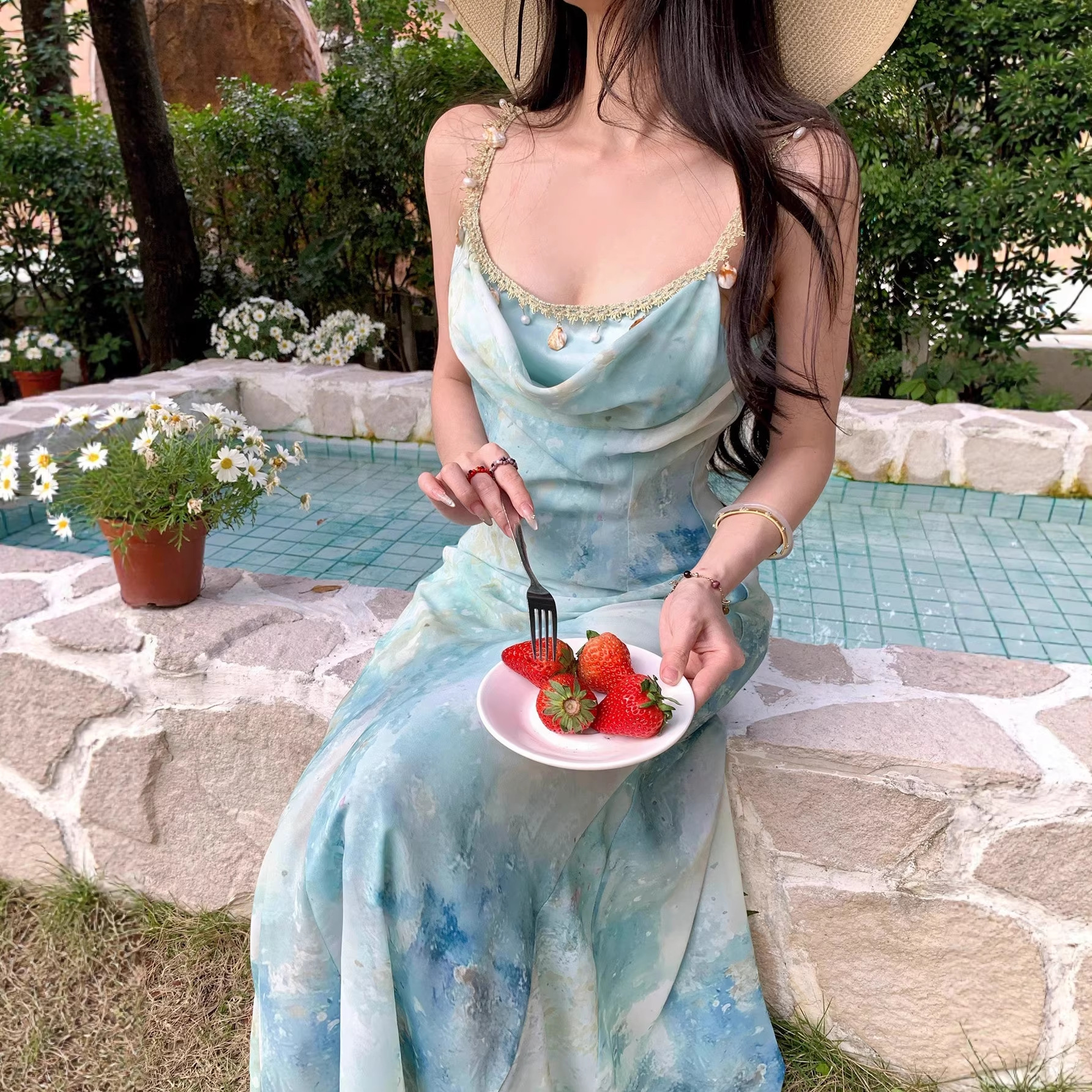 Women French Style A-Line Maxi Dress, Sleeveless High Waist Polyester Dress with Digital Print