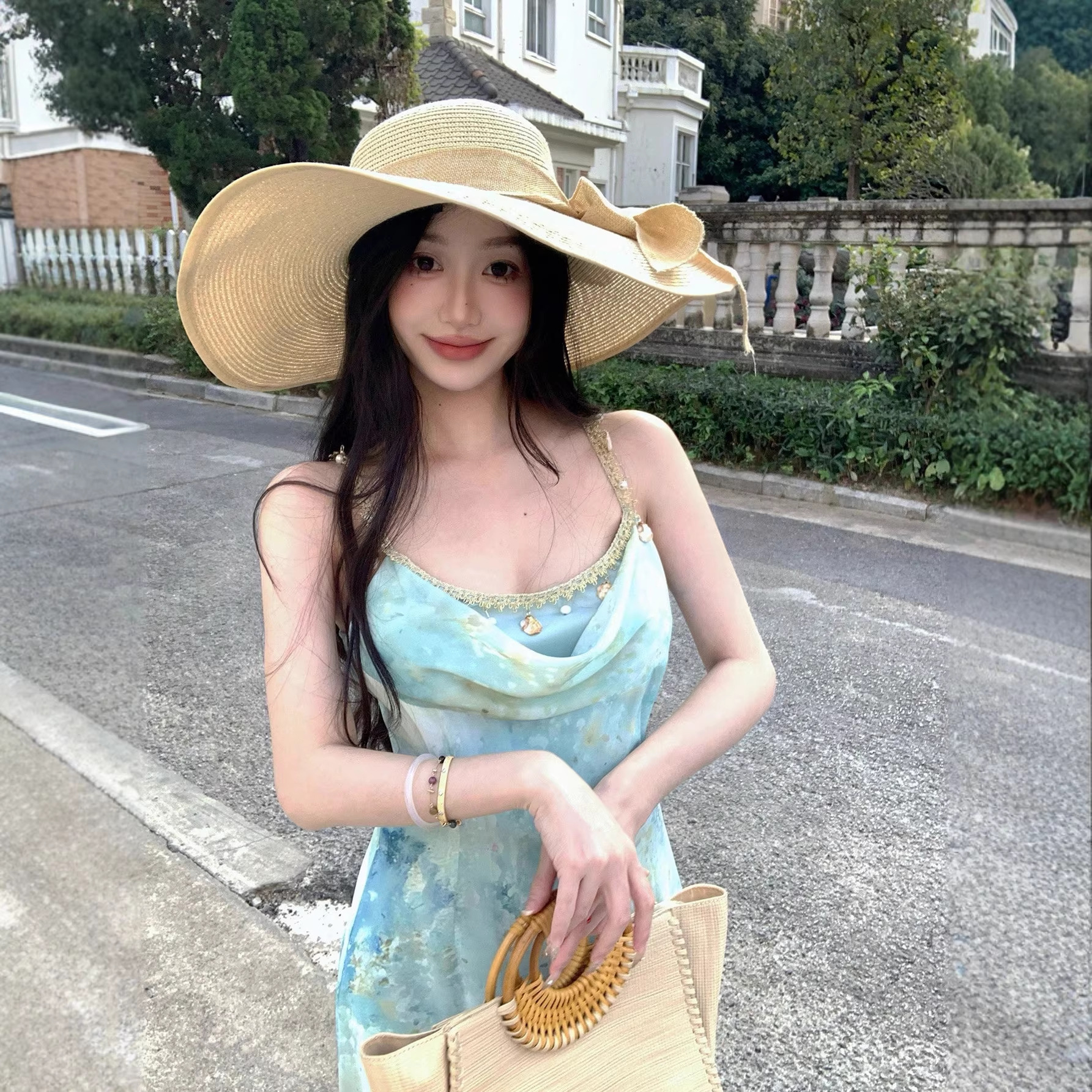 Women French Style A-Line Maxi Dress, Sleeveless High Waist Polyester Dress with Digital Print