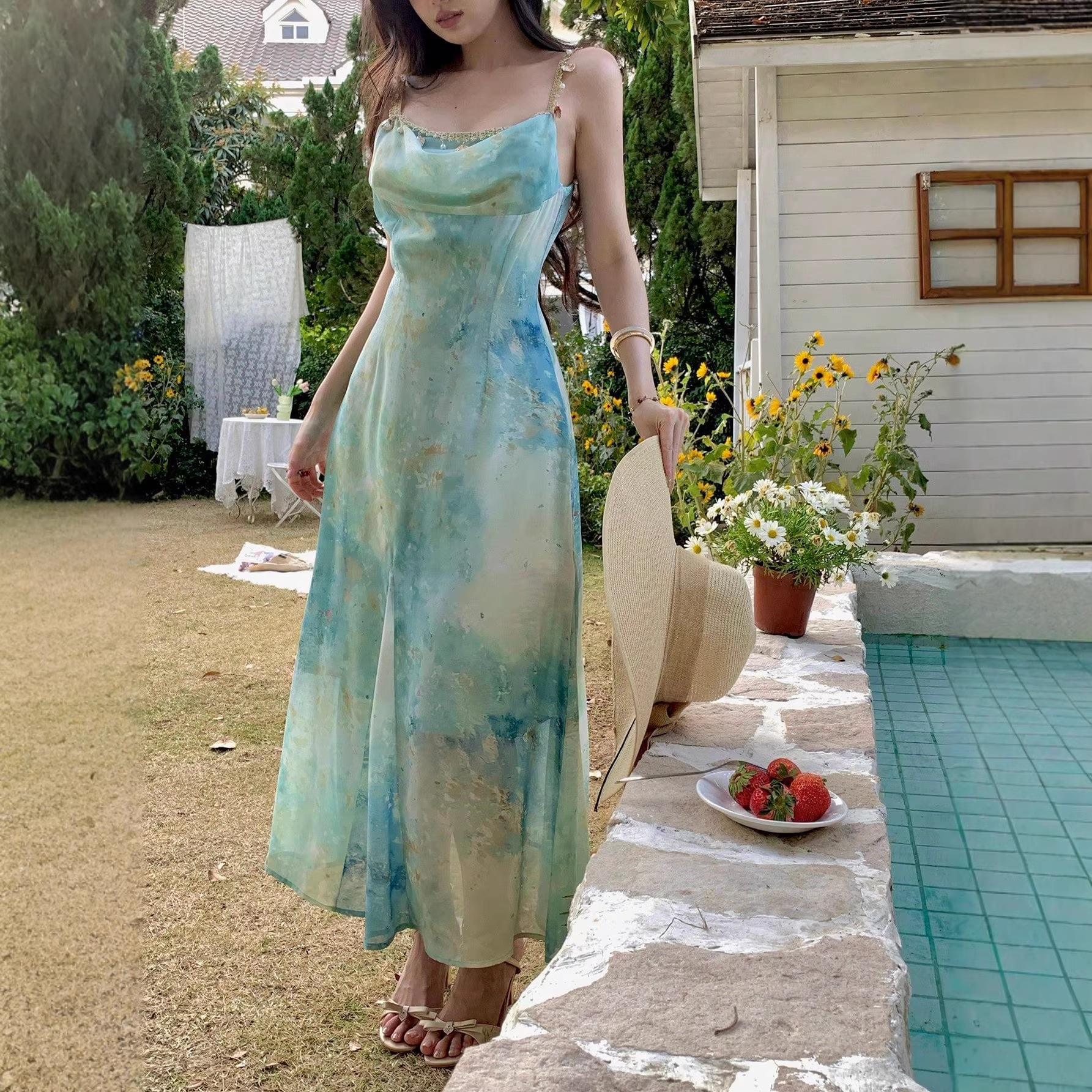 Women French Style A-Line Maxi Dress, Sleeveless High Waist Polyester Dress with Digital Print