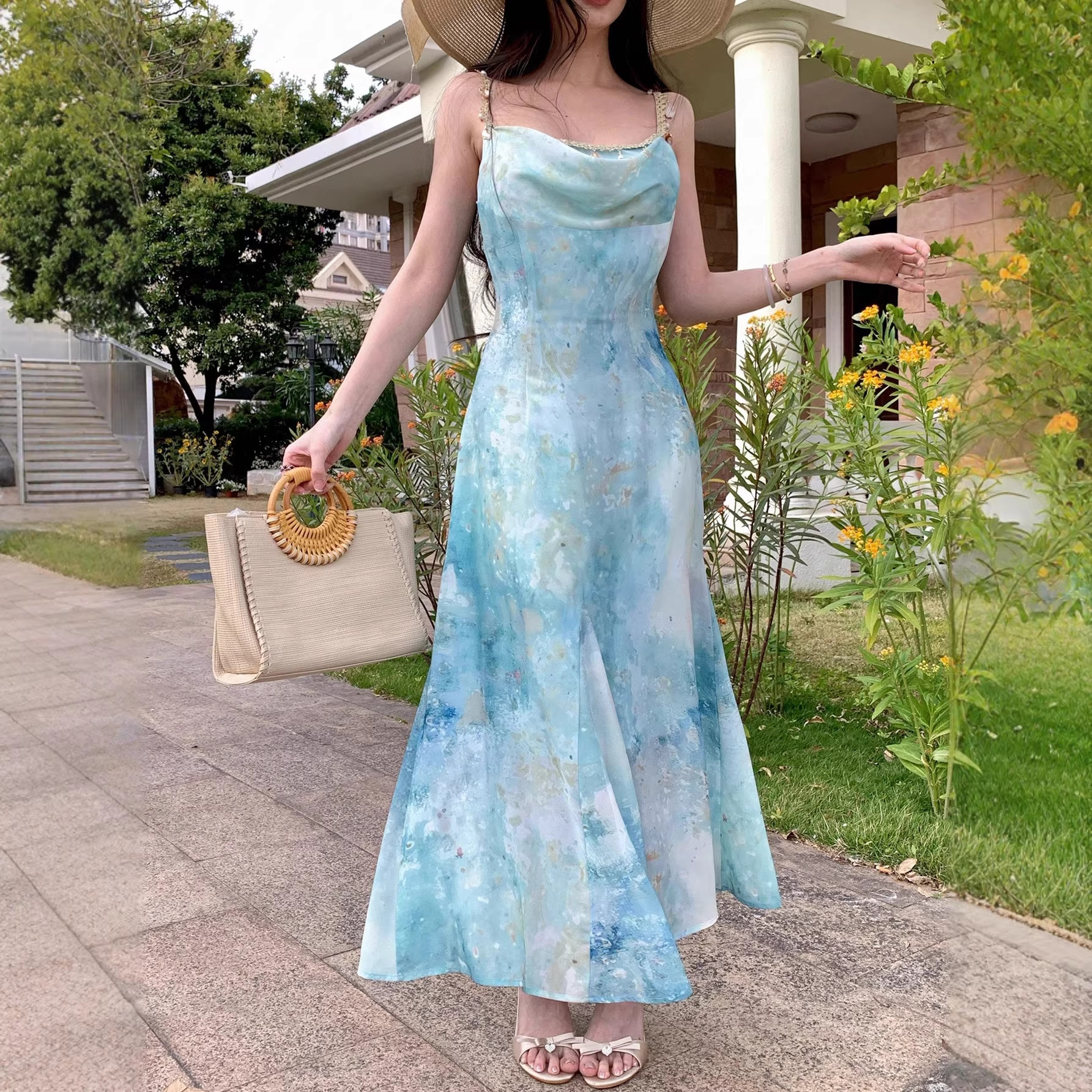 Women French Style A-Line Maxi Dress, Sleeveless High Waist Polyester Dress with Digital Print