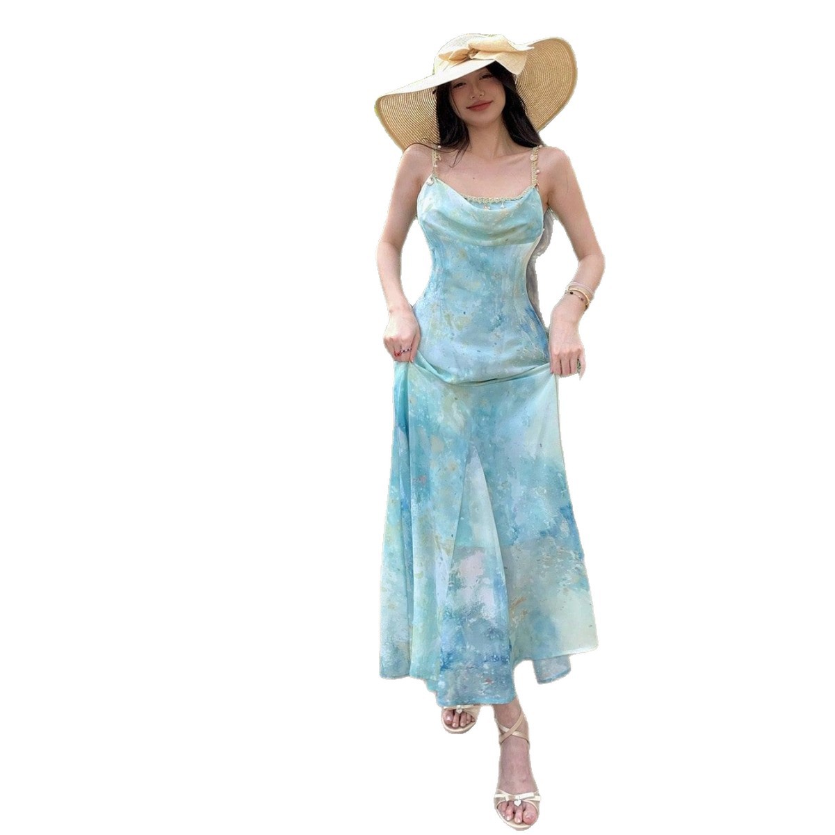 Women French Style A-Line Maxi Dress, Sleeveless High Waist Polyester Dress with Digital Print