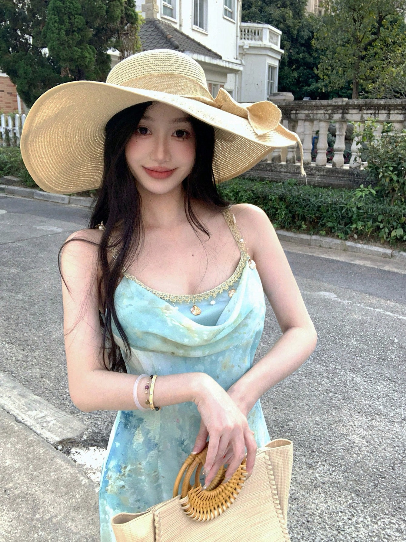 Women French Style A-Line Maxi Dress, Sleeveless High Waist Polyester Dress with Digital Print