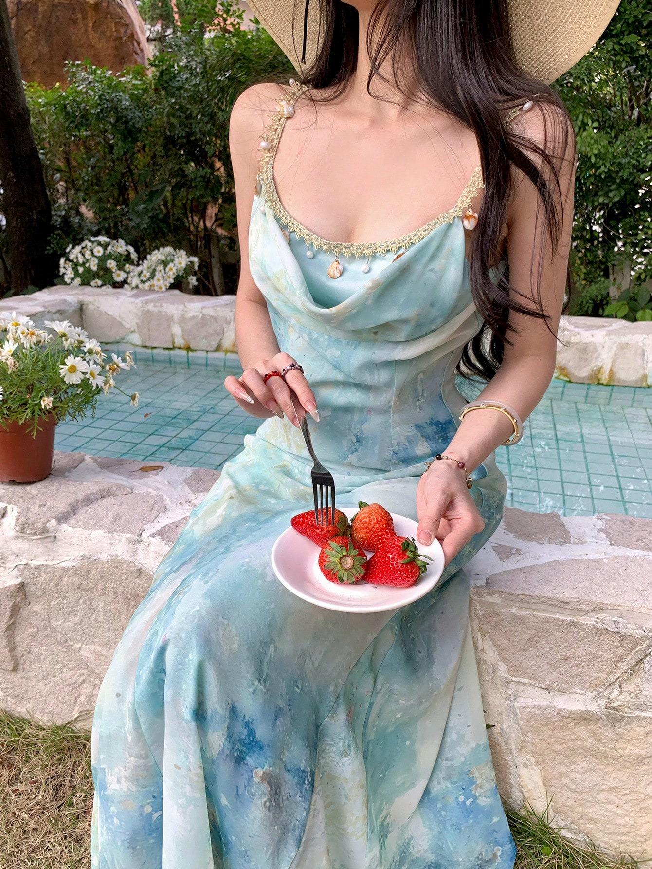 Women French Style A-Line Maxi Dress, Sleeveless High Waist Polyester Dress with Digital Print