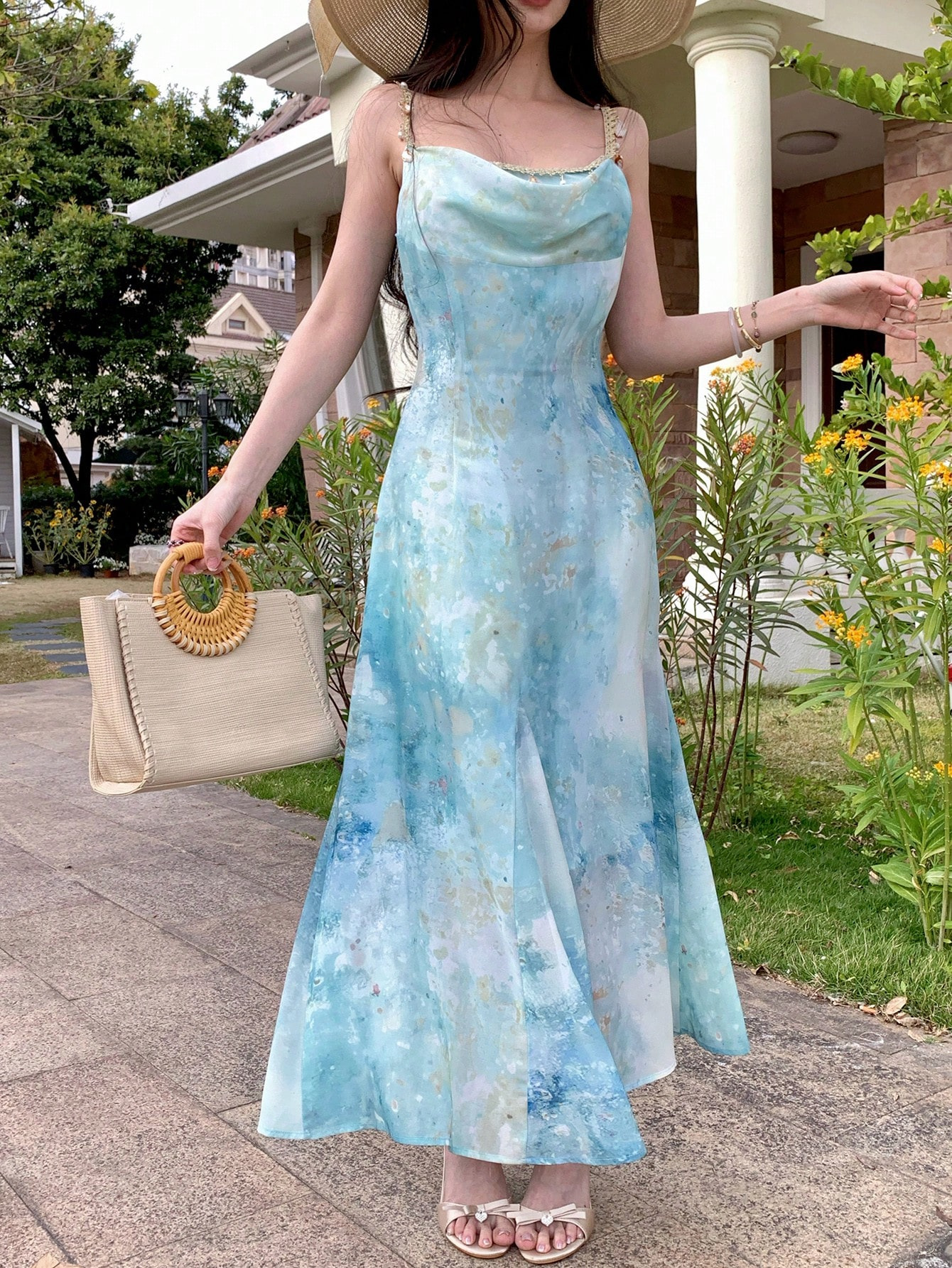 Women French Style A-Line Maxi Dress, Sleeveless High Waist Polyester Dress with Digital Print