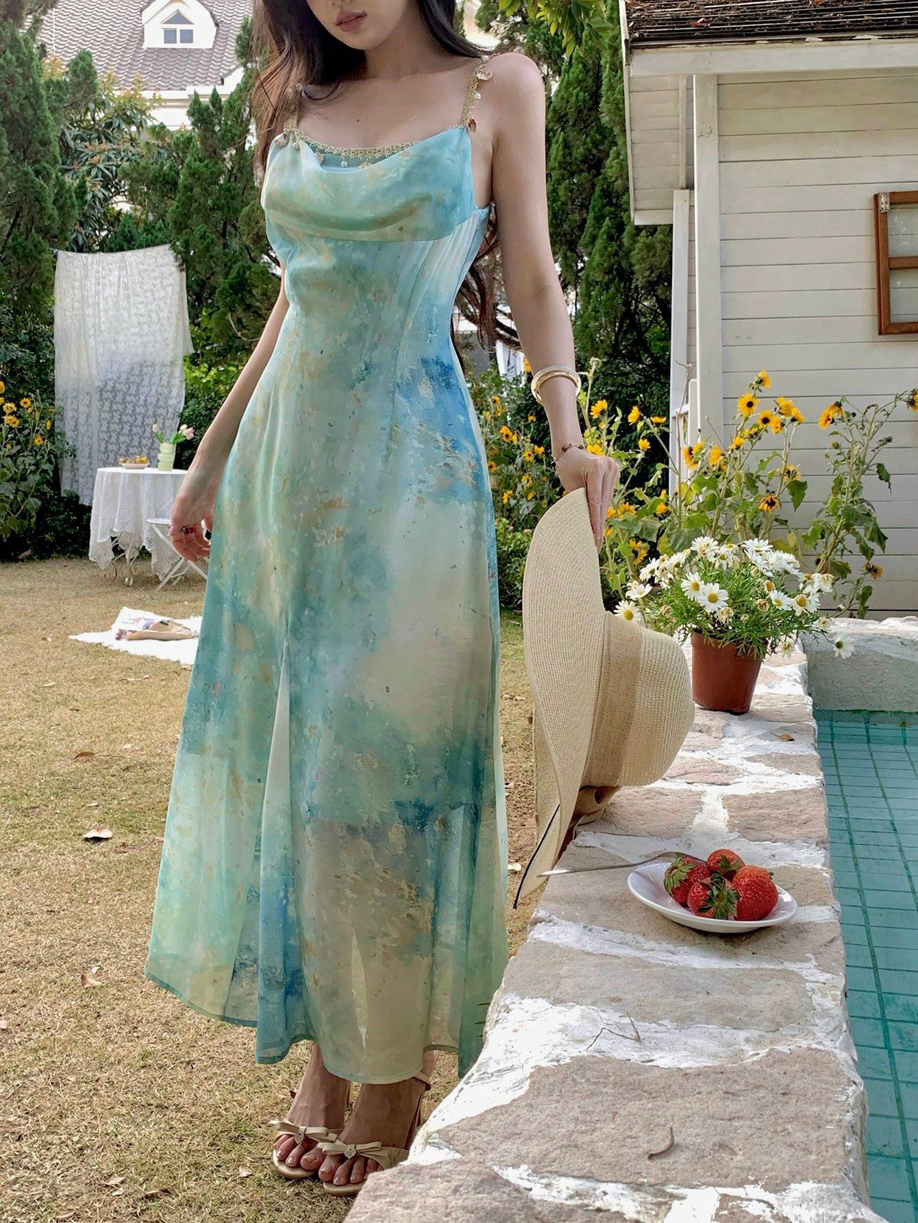 Women French Style A-Line Maxi Dress, Sleeveless High Waist Polyester Dress with Digital Print