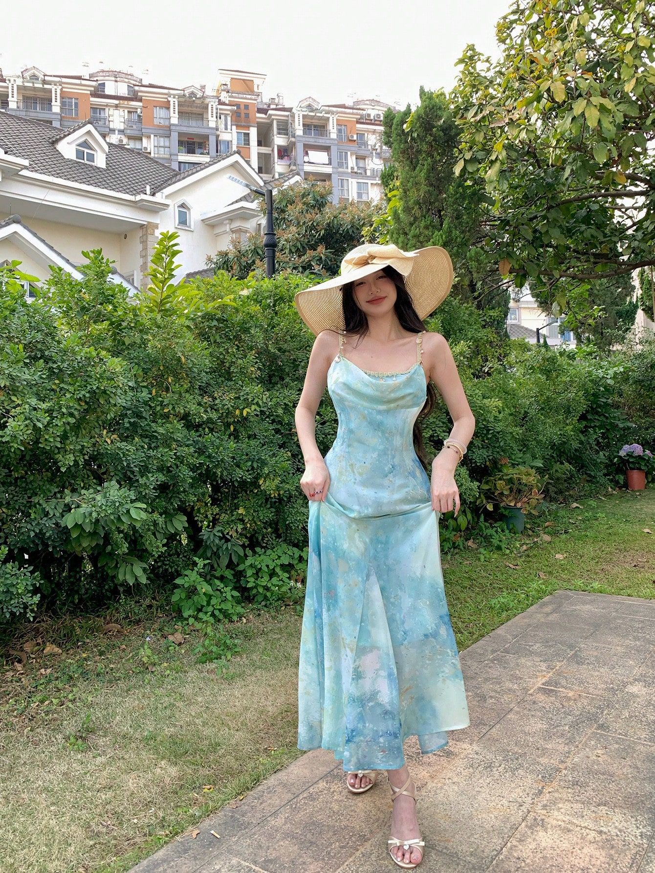 Women French Style A-Line Maxi Dress, Sleeveless High Waist Polyester Dress with Digital Print