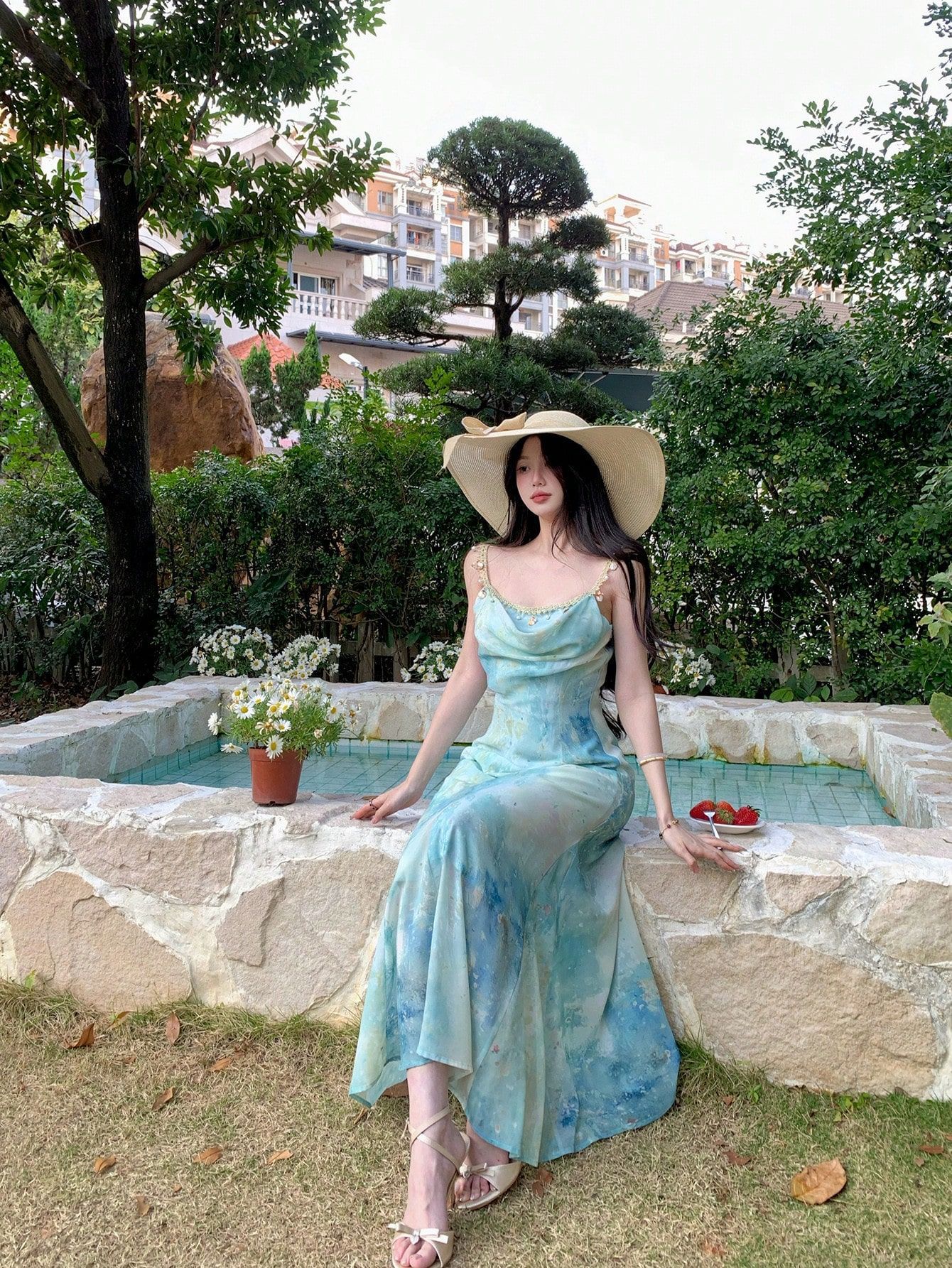 Women French Style A-Line Maxi Dress, Sleeveless High Waist Polyester Dress with Digital Print
