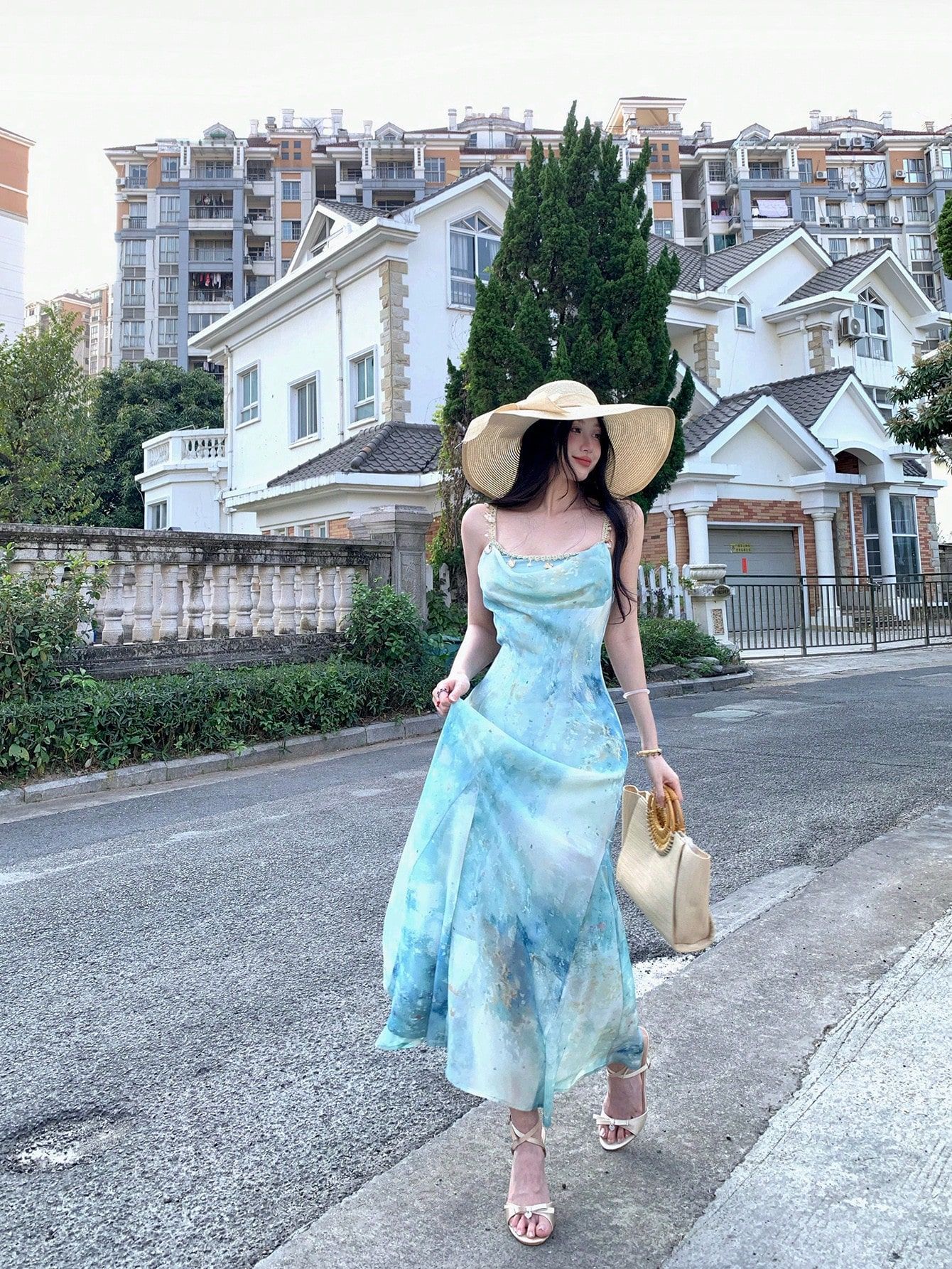 Women French Style A-Line Maxi Dress, Sleeveless High Waist Polyester Dress with Digital Print