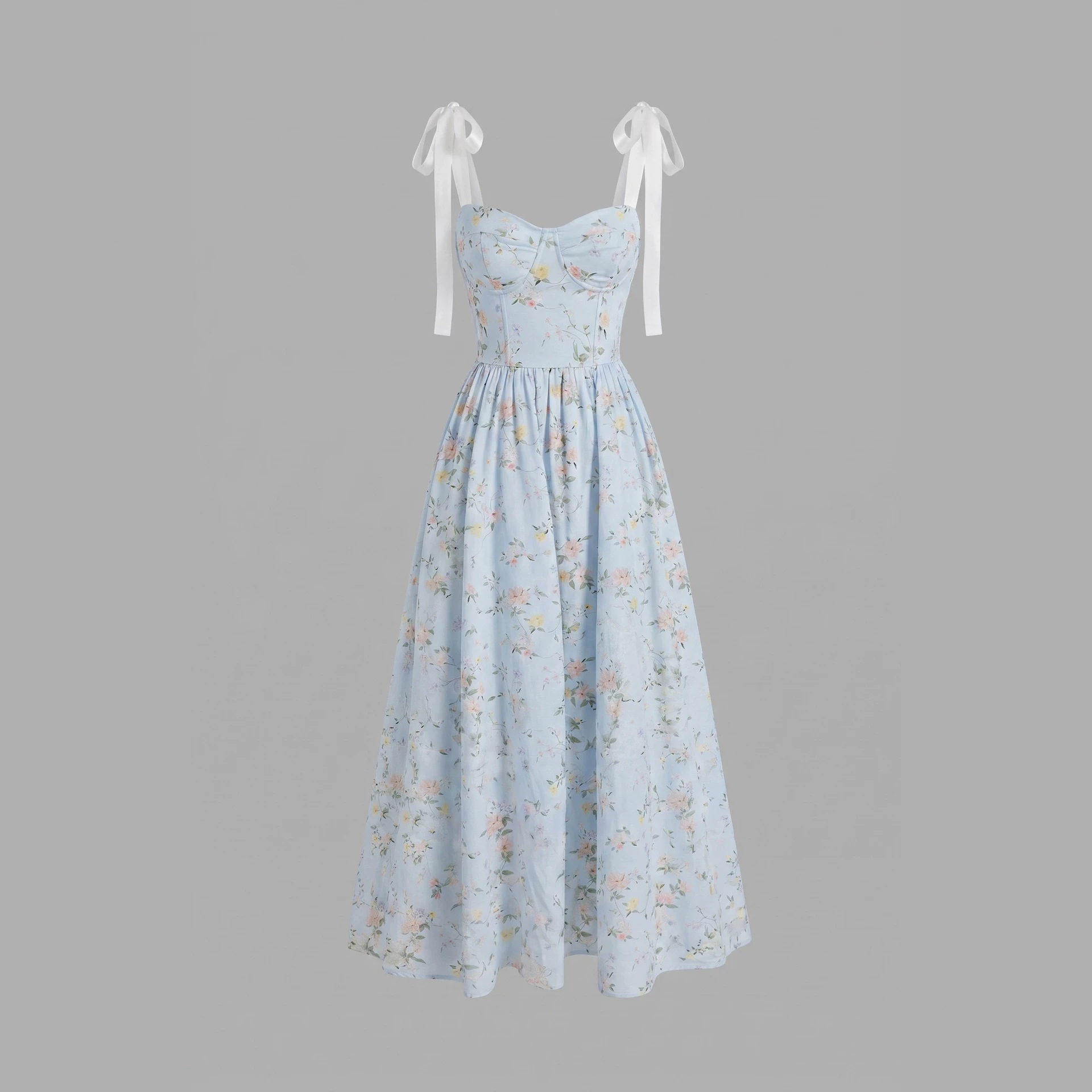 Women Floral Sleeveless V-Neck Long Dress, Tie Waist Strappy Summer Dress for Travel and Beach