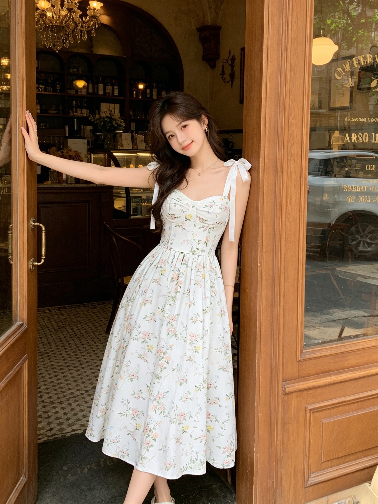 Women Floral Sleeveless V-Neck Long Dress, Tie Waist Strappy Summer Dress for Travel and Beach