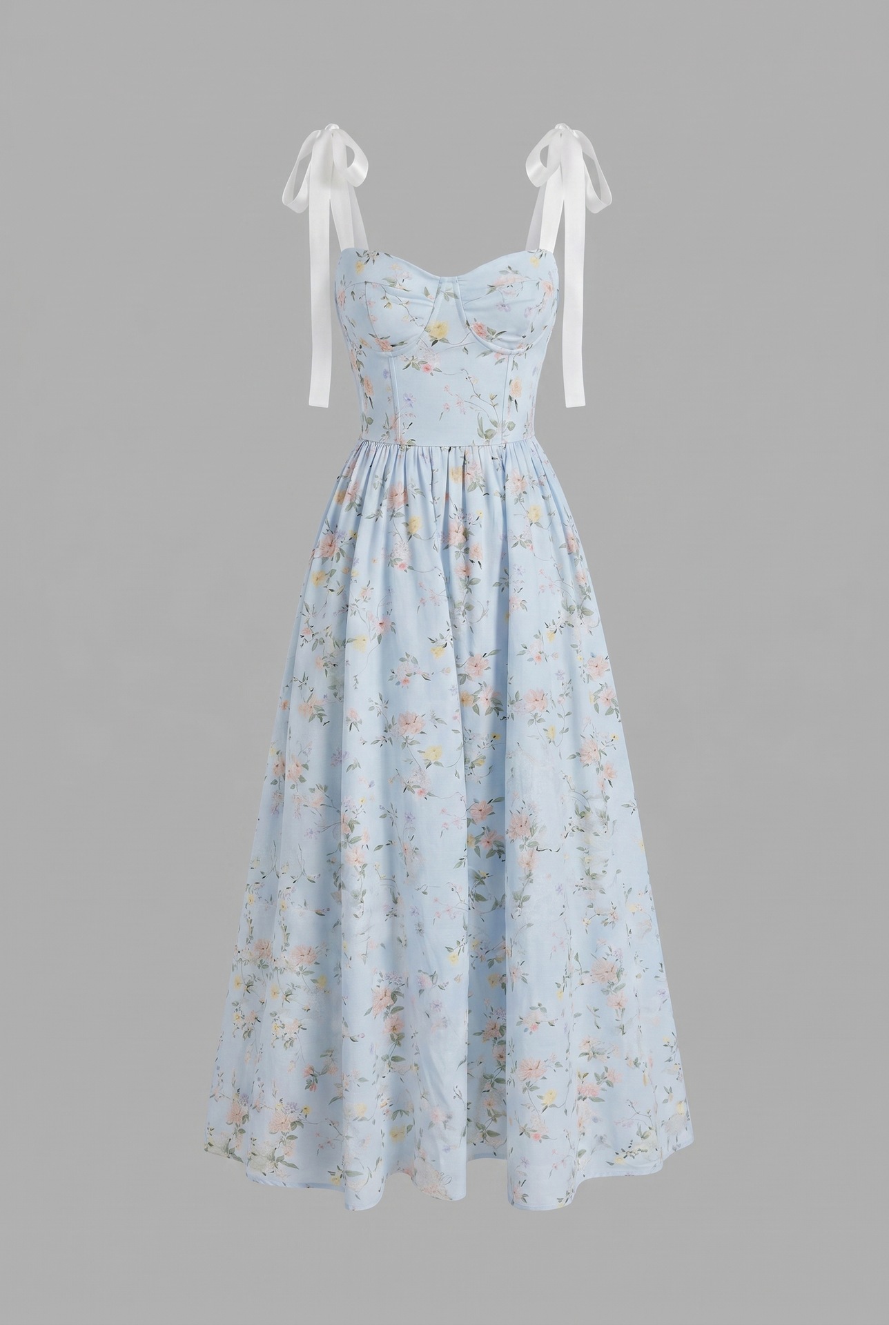 Women Floral Sleeveless V-Neck Long Dress, Tie Waist Strappy Summer Dress for Travel and Beach