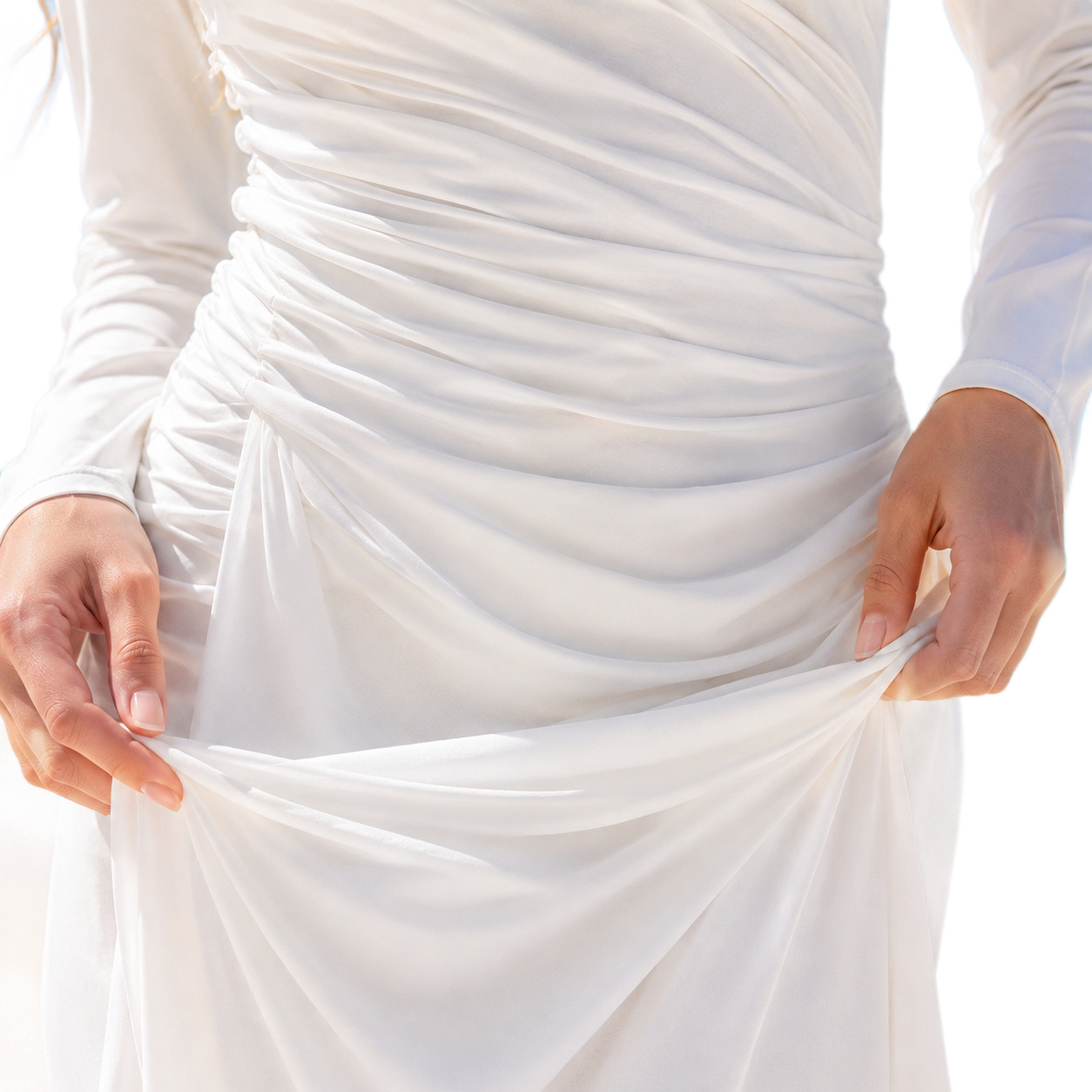 Women White V-Neck Long Sleeve Maxi Beach Dress, Ruched High Waist Summer Vacation Dress