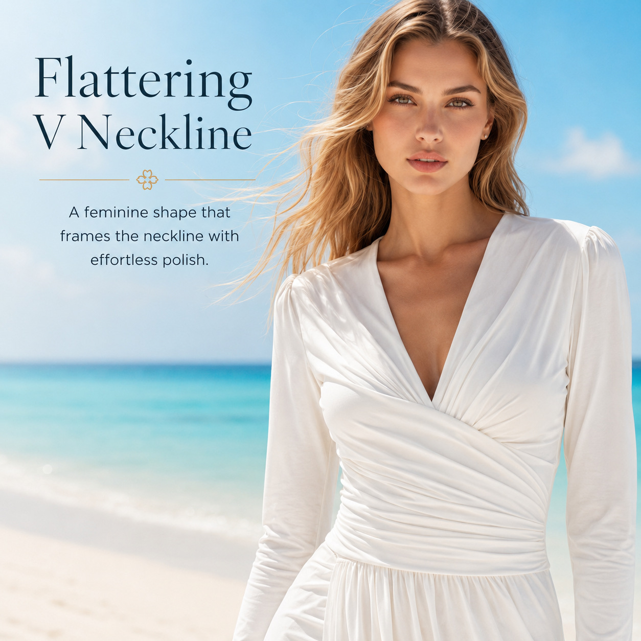 Women White V-Neck Long Sleeve Maxi Beach Dress, Ruched High Waist Summer Vacation Dress