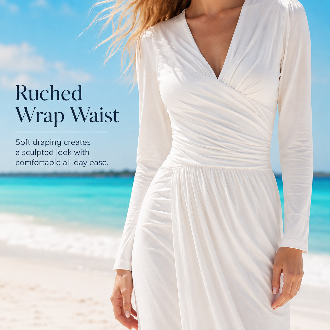 Women White V-Neck Long Sleeve Maxi Beach Dress, Ruched High Waist Summer Vacation Dress