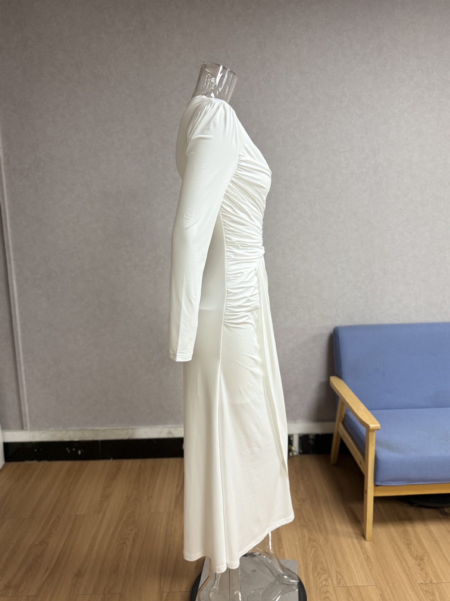 Women White V-Neck Long Sleeve Maxi Beach Dress, Ruched High Waist Summer Vacation Dress