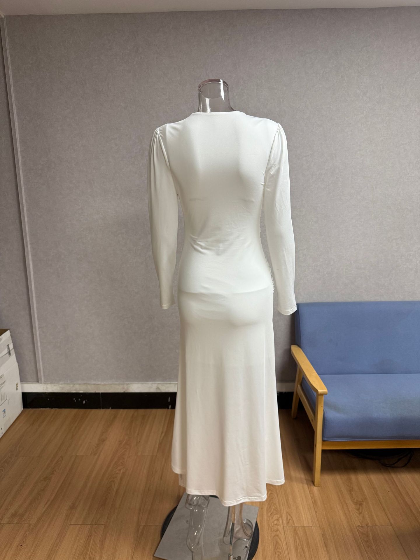 Women White V-Neck Long Sleeve Maxi Beach Dress, Ruched High Waist Summer Vacation Dress