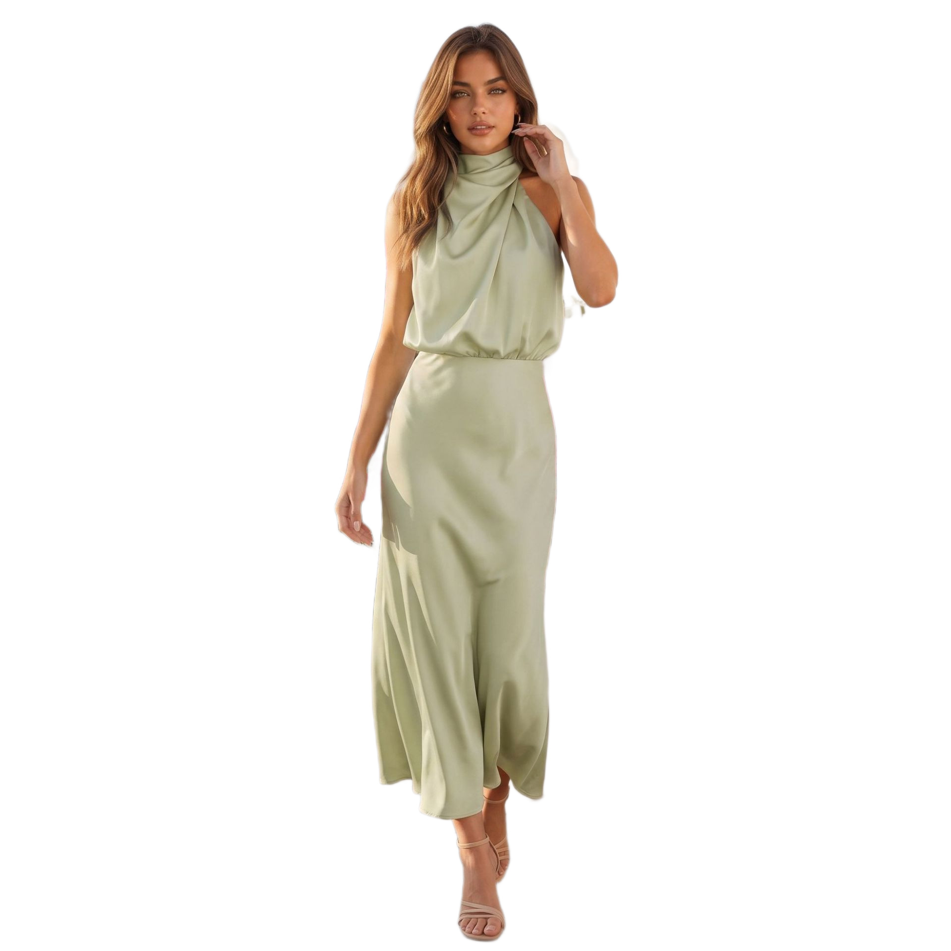 Women Sleeveless Halter Satin Maxi Dress Solid Color A-Line Long Dress for Vacation and Evening