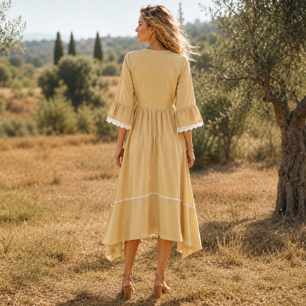 Women V-Neck Lace Long Dress, Flared Sleeve High Waist Bohemian Beach Dress for Travel