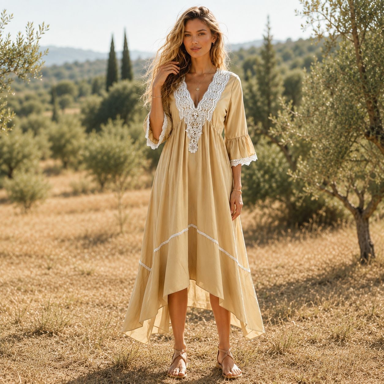 Women V-Neck Lace Long Dress, Flared Sleeve High Waist Bohemian Beach Dress for Travel