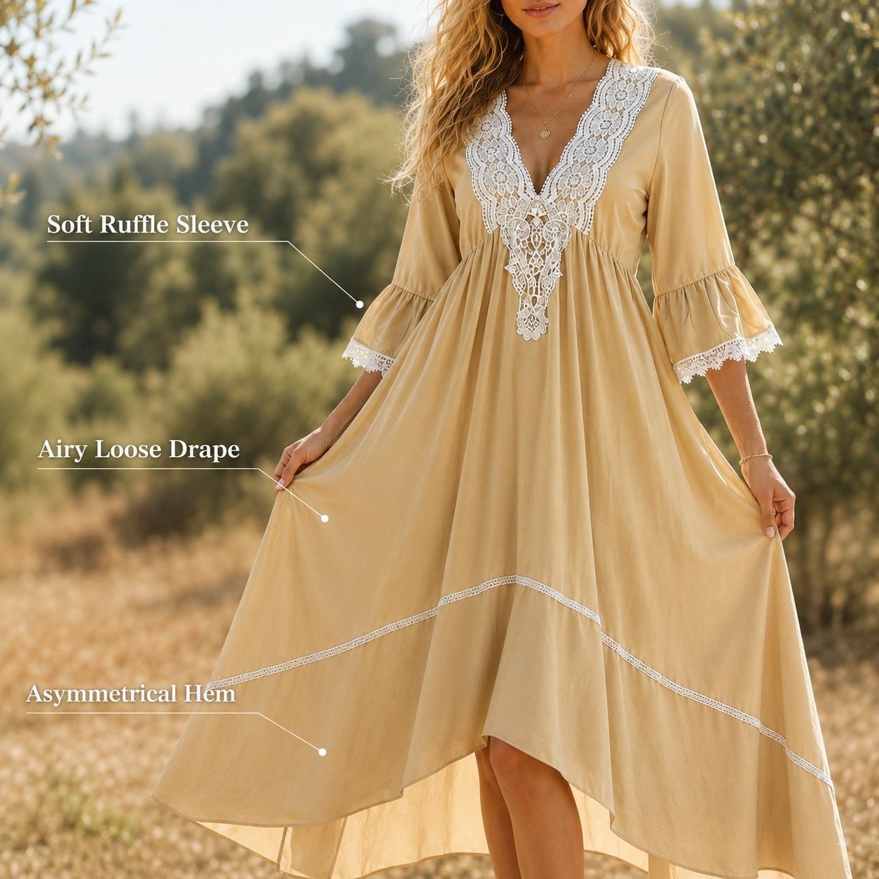 Women V-Neck Lace Long Dress, Flared Sleeve High Waist Bohemian Beach Dress for Travel