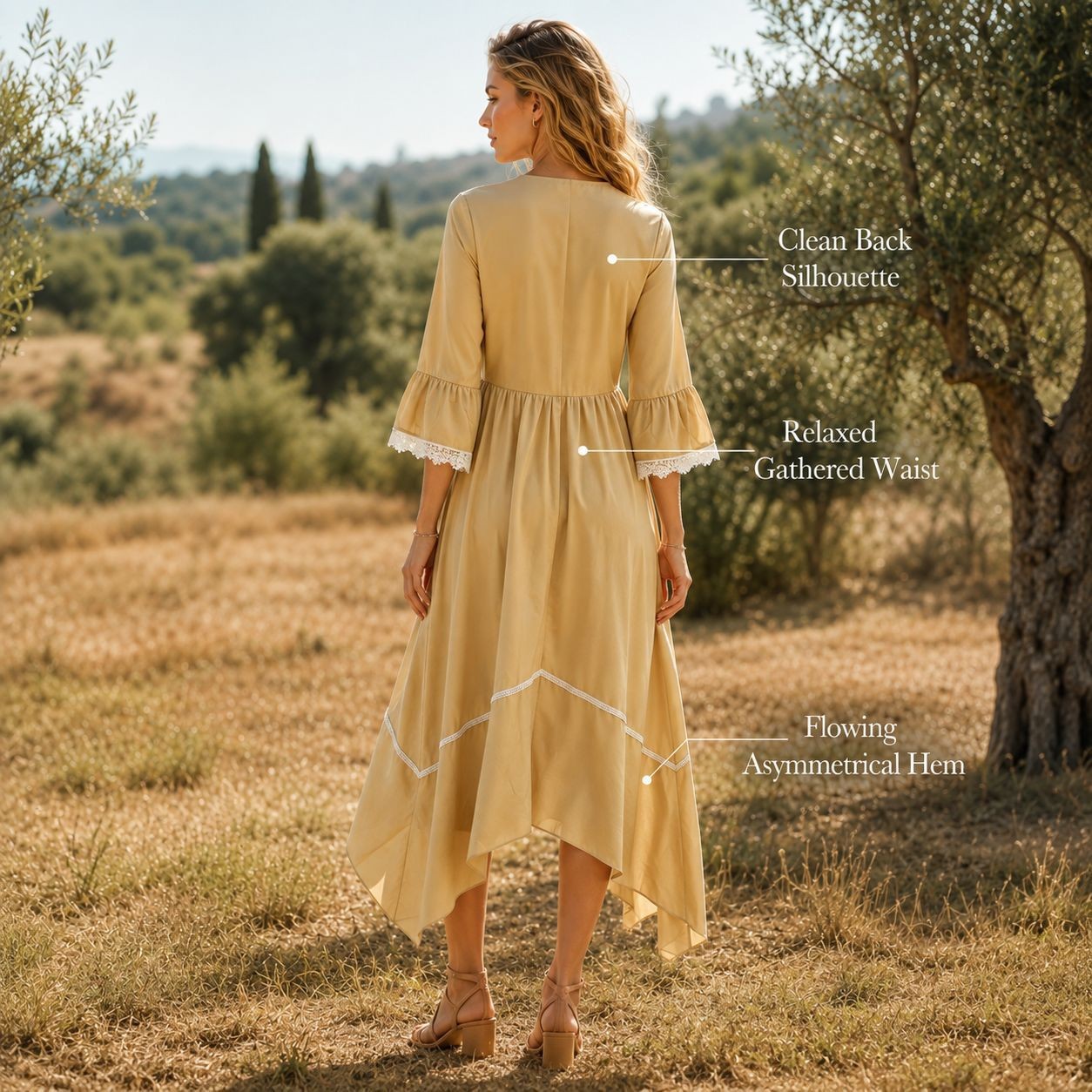 Women V-Neck Lace Long Dress, Flared Sleeve High Waist Bohemian Beach Dress for Travel