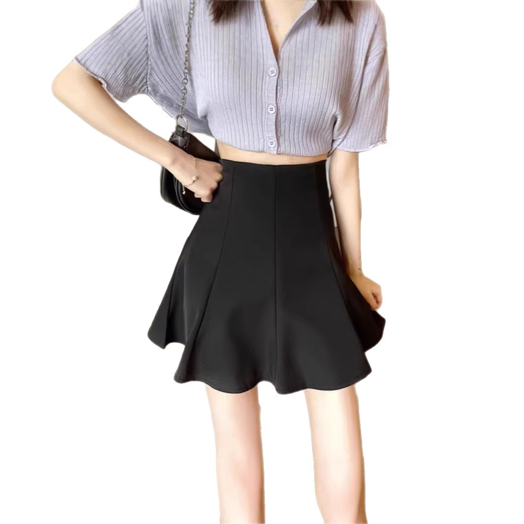 Women Plus Size Black A-Line Mini Skirt, High Waist Pleated Puff Skirt in Suit Fabric for Casual and Formal Wear
