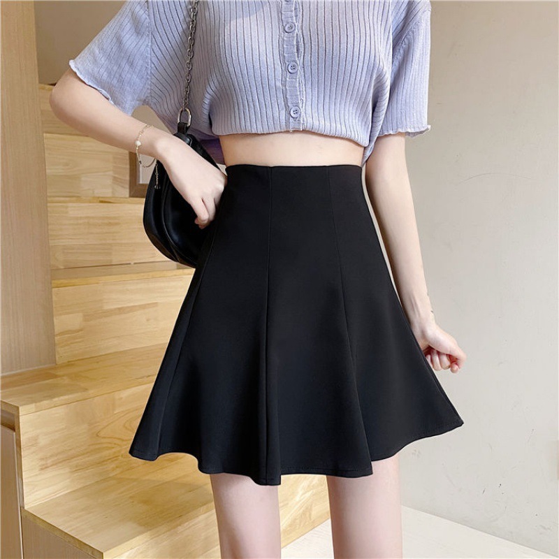 Women Plus Size Black A-Line Mini Skirt, High Waist Pleated Puff Skirt in Suit Fabric for Casual and Formal Wear