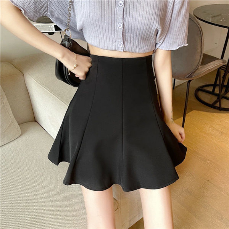 Women Plus Size Black A-Line Mini Skirt, High Waist Pleated Puff Skirt in Suit Fabric for Casual and Formal Wear