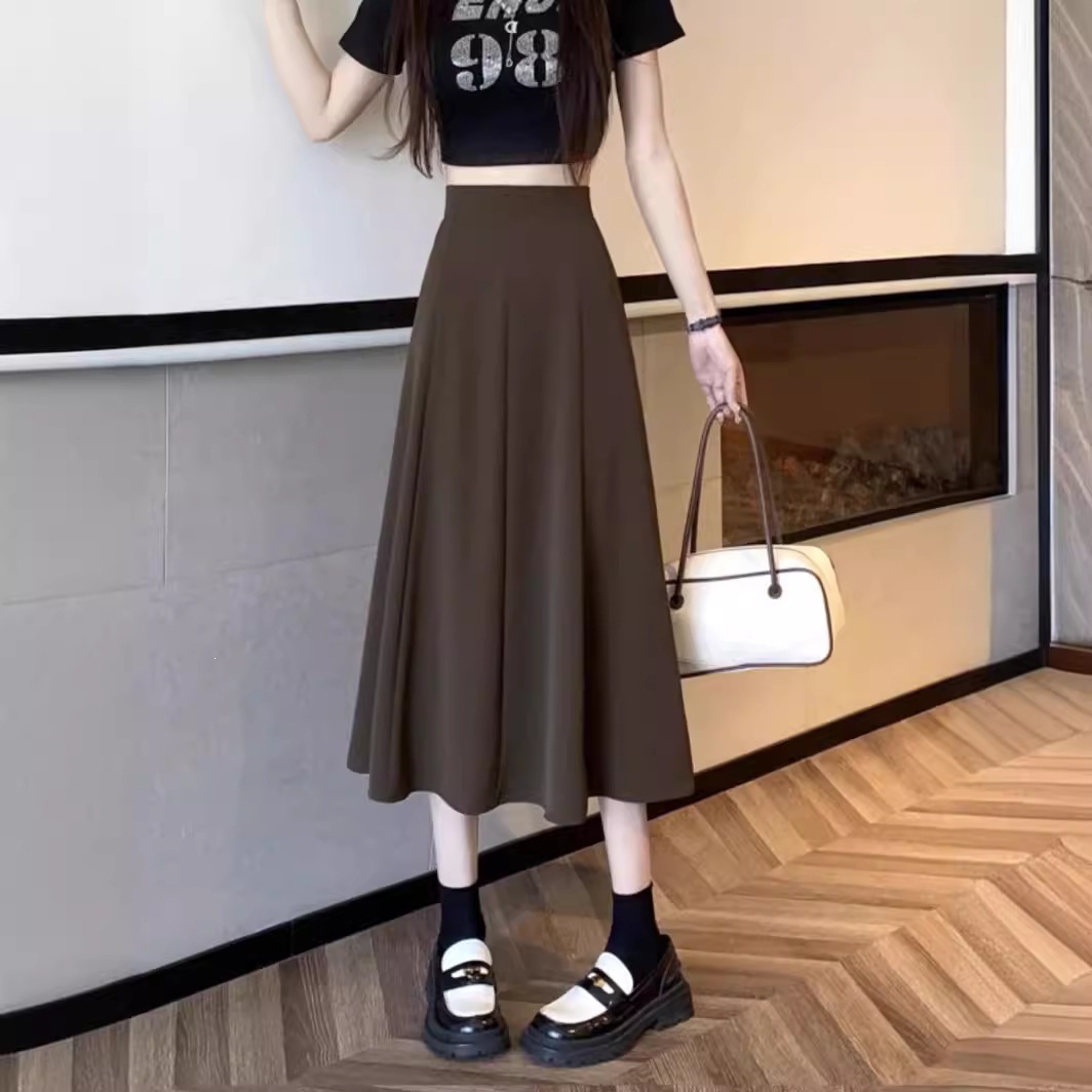 Women's Black High-Waist A-Line Midi Skirt, Solid Polyester Flared Umbrella Skirt for Daily Wear