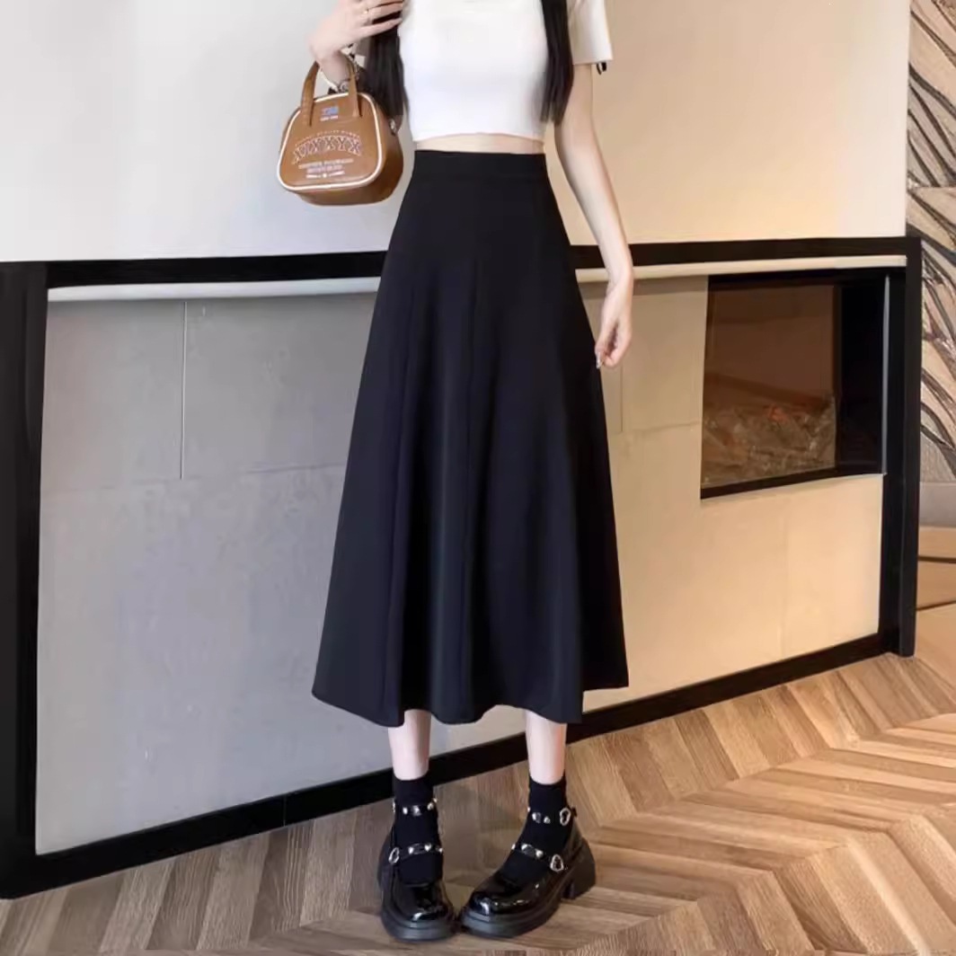 Women's Black High-Waist A-Line Midi Skirt, Solid Polyester Flared Umbrella Skirt for Daily Wear