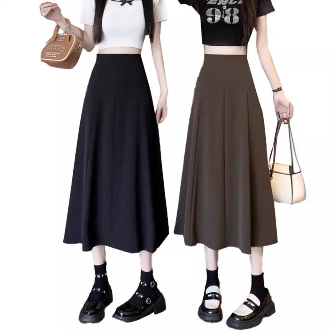 Women's Black High-Waist A-Line Midi Skirt, Solid Polyester Flared Umbrella Skirt for Daily Wear