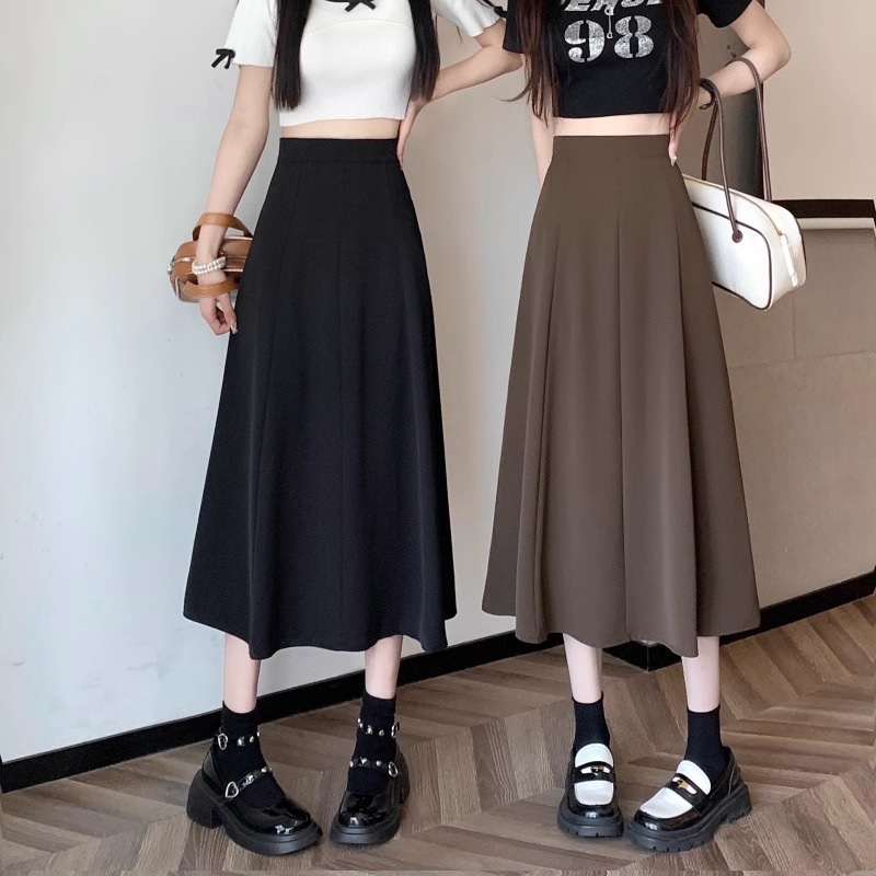 Women's Black High-Waist A-Line Midi Skirt, Solid Polyester Flared Umbrella Skirt for Daily Wear