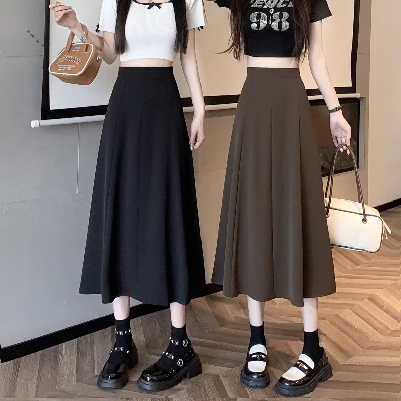 Women's Black High-Waist A-Line Midi Skirt, Solid Polyester Flared Umbrella Skirt for Daily Wear