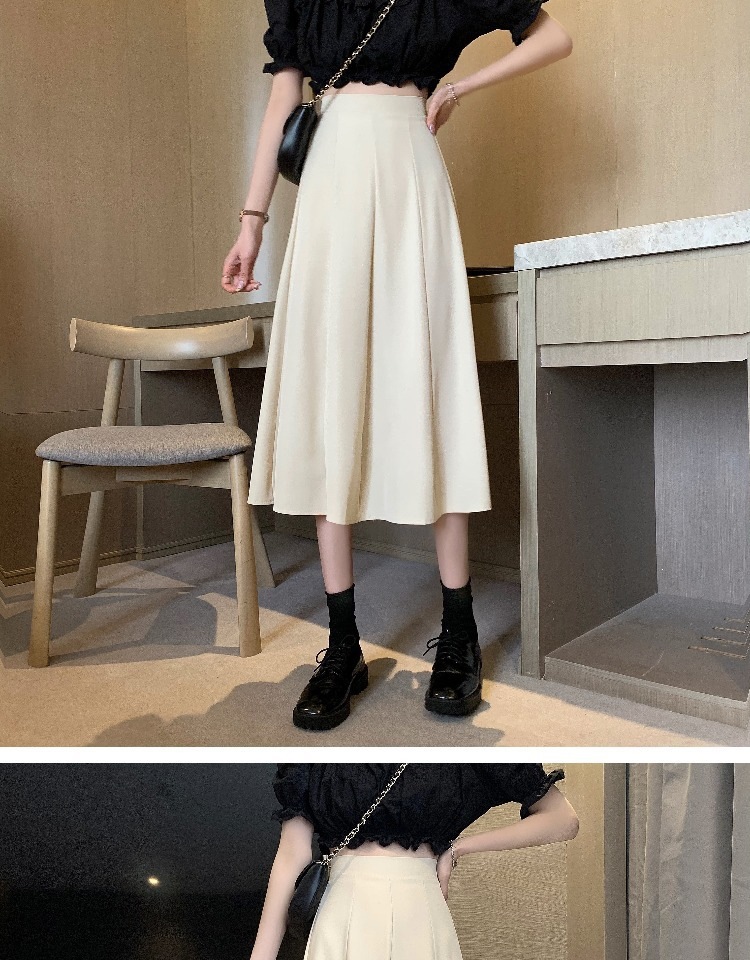 Women's Black High-Waist A-Line Midi Skirt, Solid Polyester Flared Umbrella Skirt for Daily Wear
