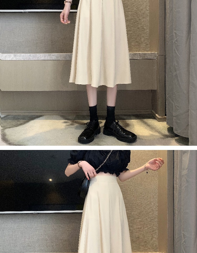 Women's Black High-Waist A-Line Midi Skirt, Solid Polyester Flared Umbrella Skirt for Daily Wear