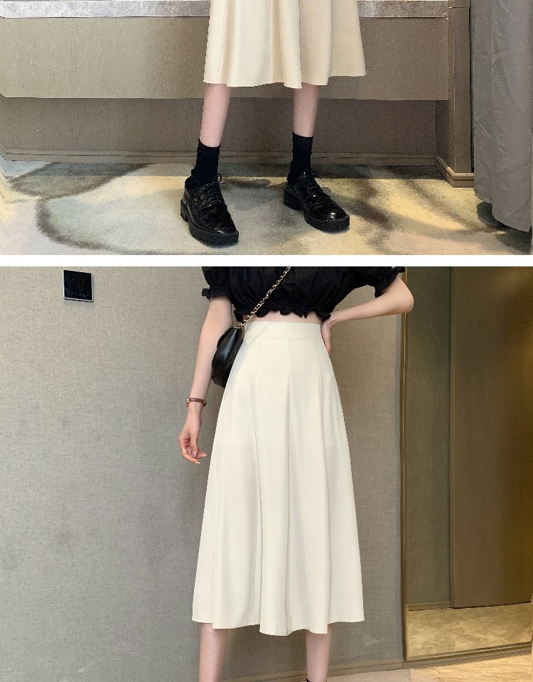 Women's Black High-Waist A-Line Midi Skirt, Solid Polyester Flared Umbrella Skirt for Daily Wear