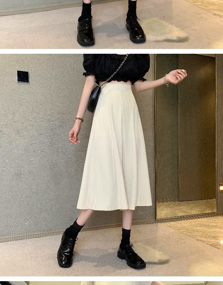 Women's Black High-Waist A-Line Midi Skirt, Solid Polyester Flared Umbrella Skirt for Daily Wear