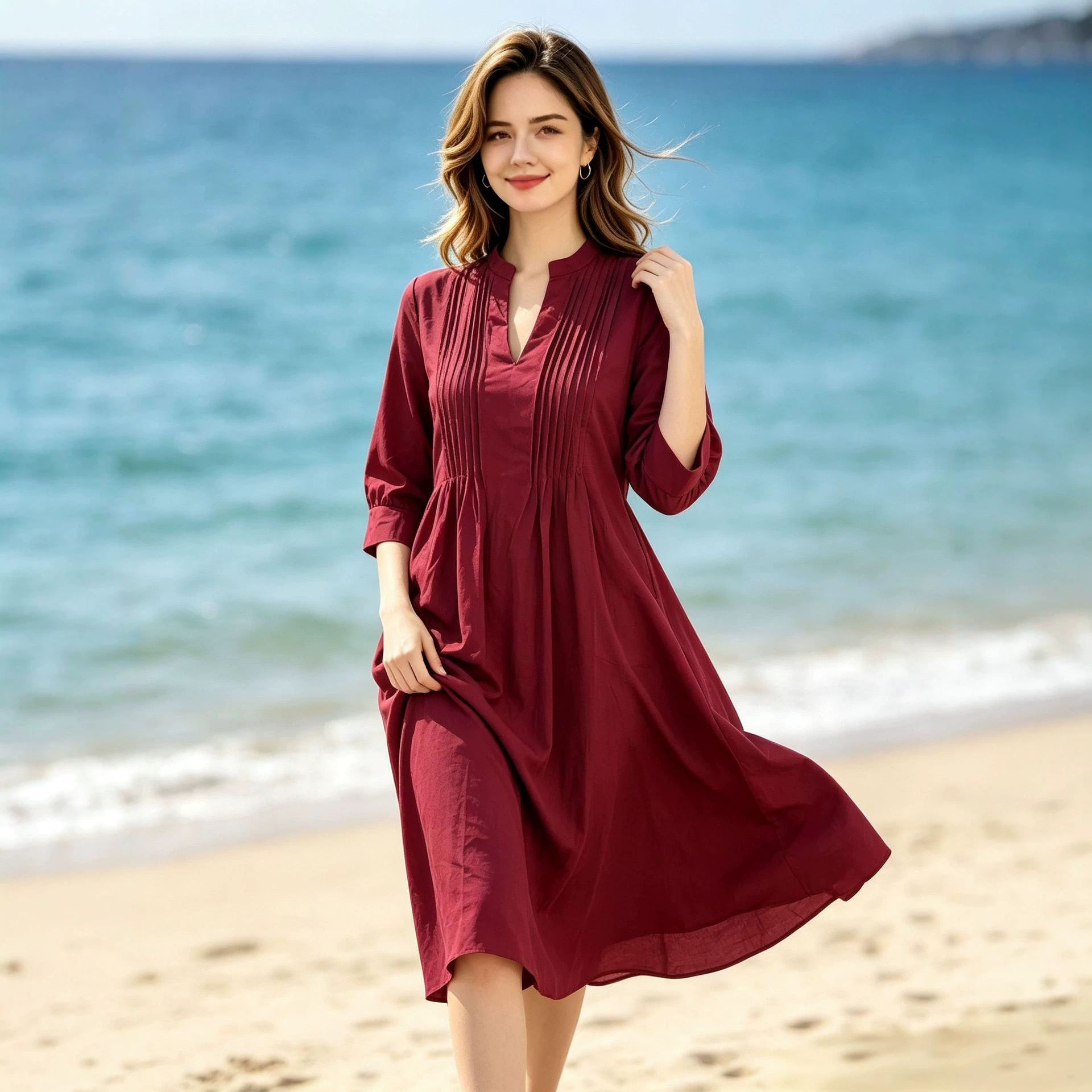 Women V-Neck Pleated A-Line Long Dress, Casual Vacation Long Sleeve Dress with Pockets