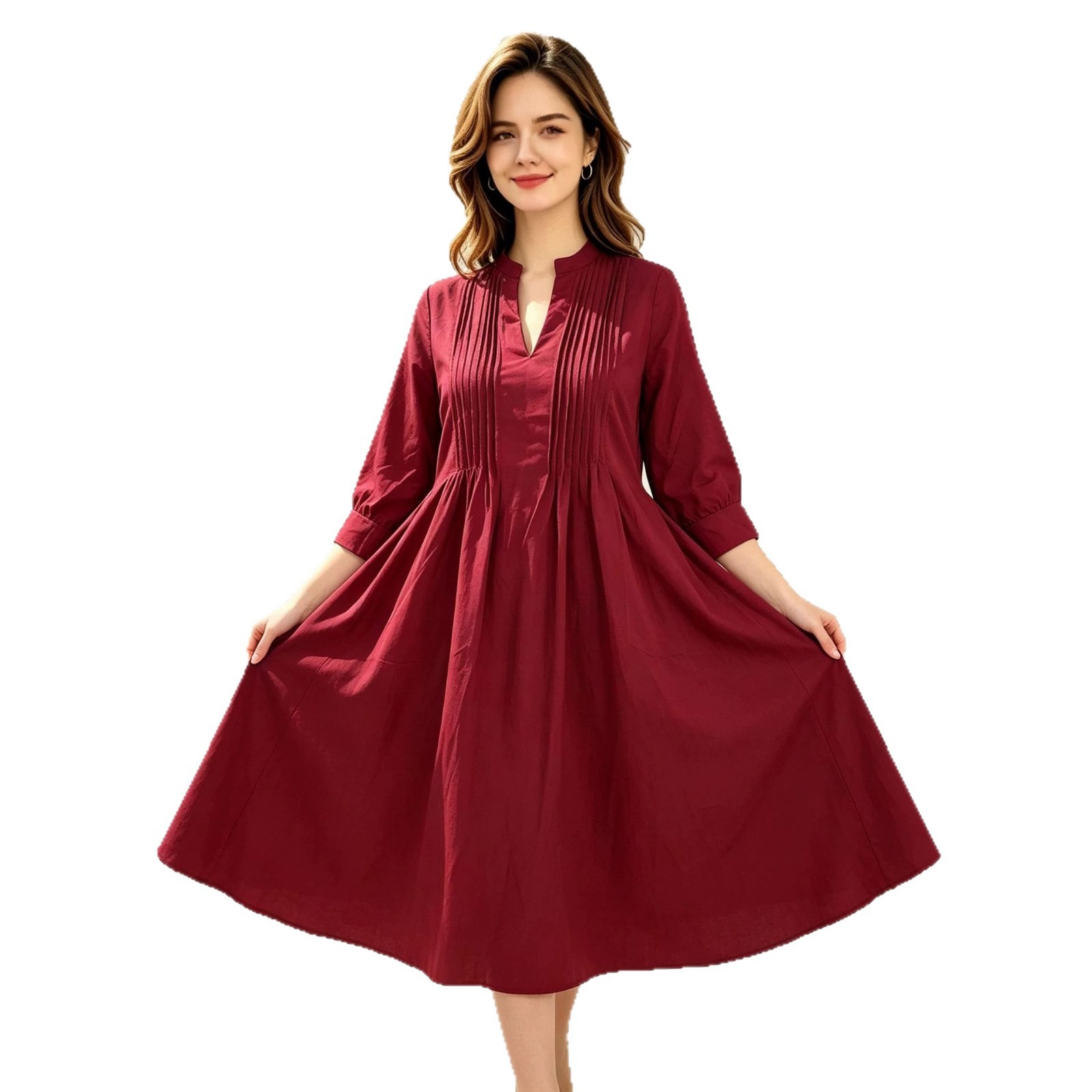 Women V-Neck Pleated A-Line Long Dress, Casual Vacation Long Sleeve Dress with Pockets