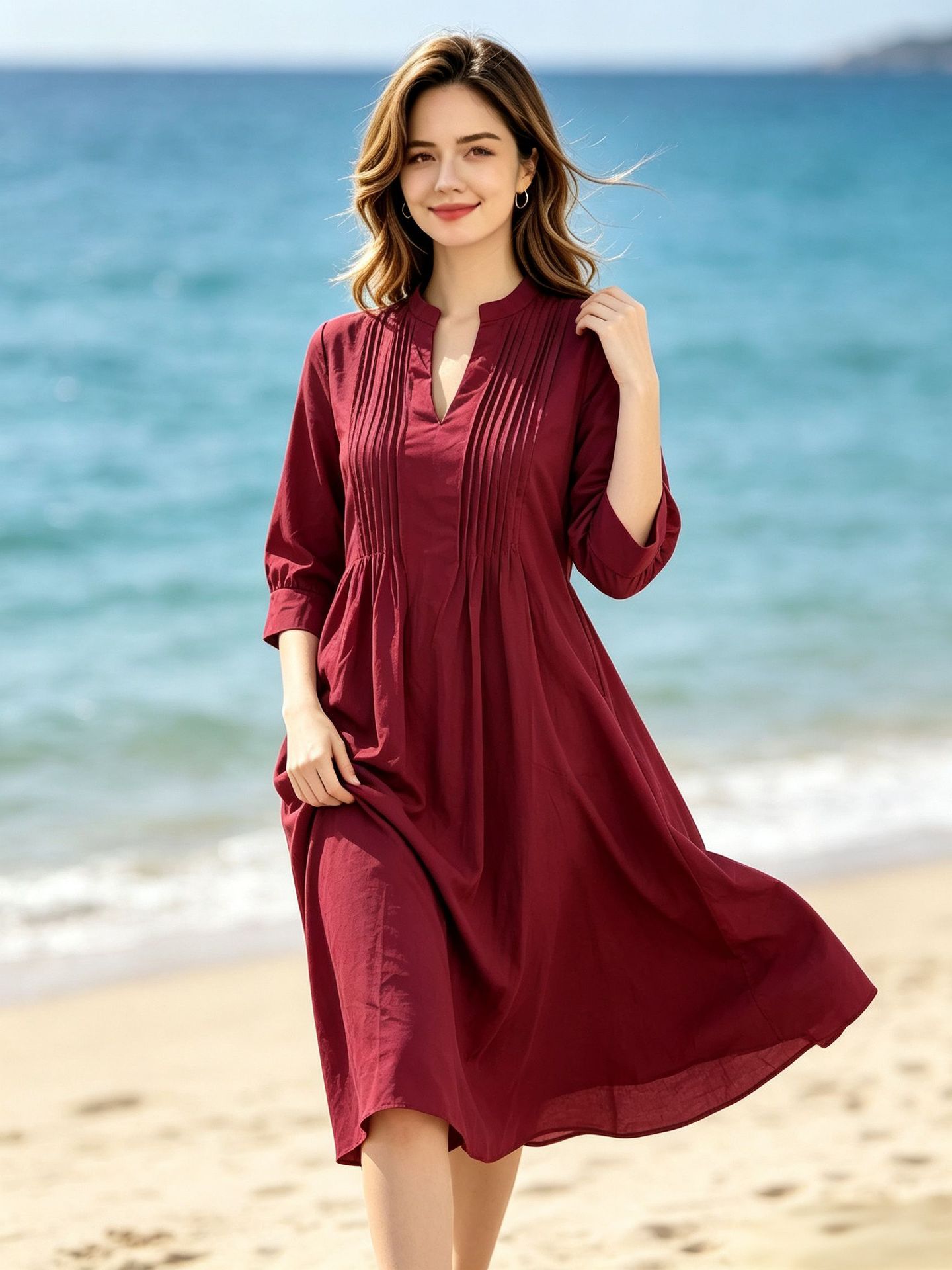Women V-Neck Pleated A-Line Long Dress, Casual Vacation Long Sleeve Dress with Pockets