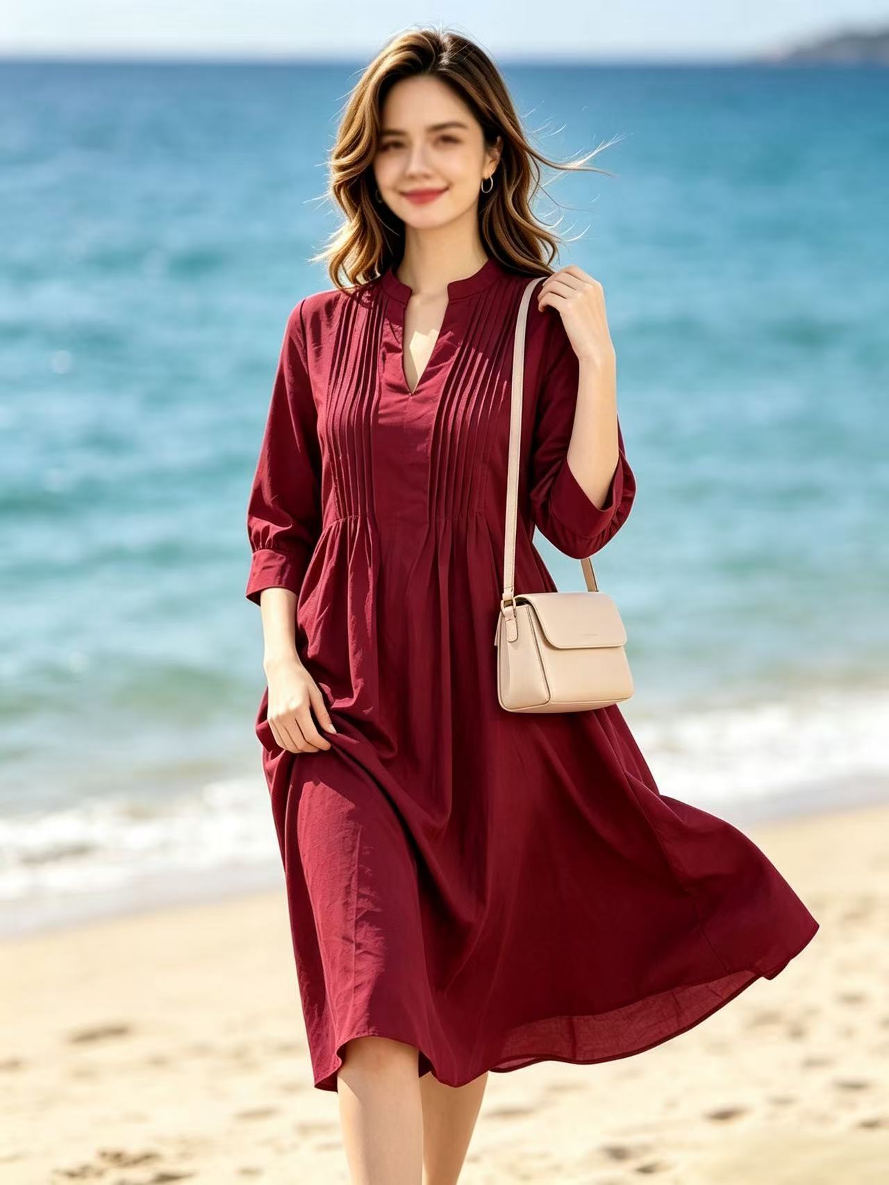 Women V-Neck Pleated A-Line Long Dress, Casual Vacation Long Sleeve Dress with Pockets