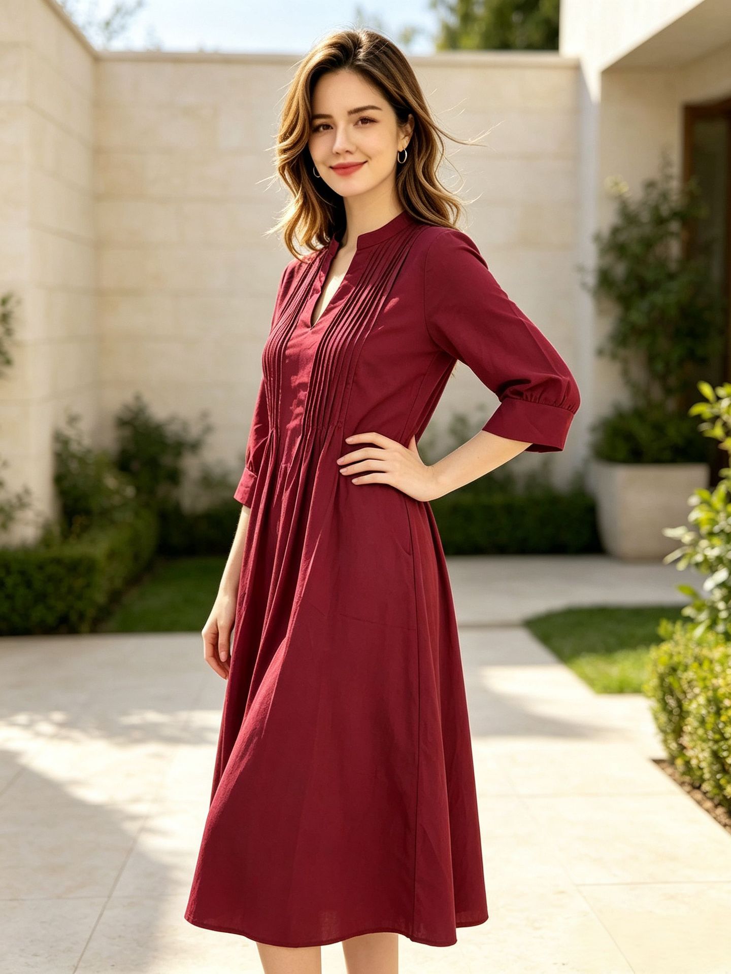 Women V-Neck Pleated A-Line Long Dress, Casual Vacation Long Sleeve Dress with Pockets