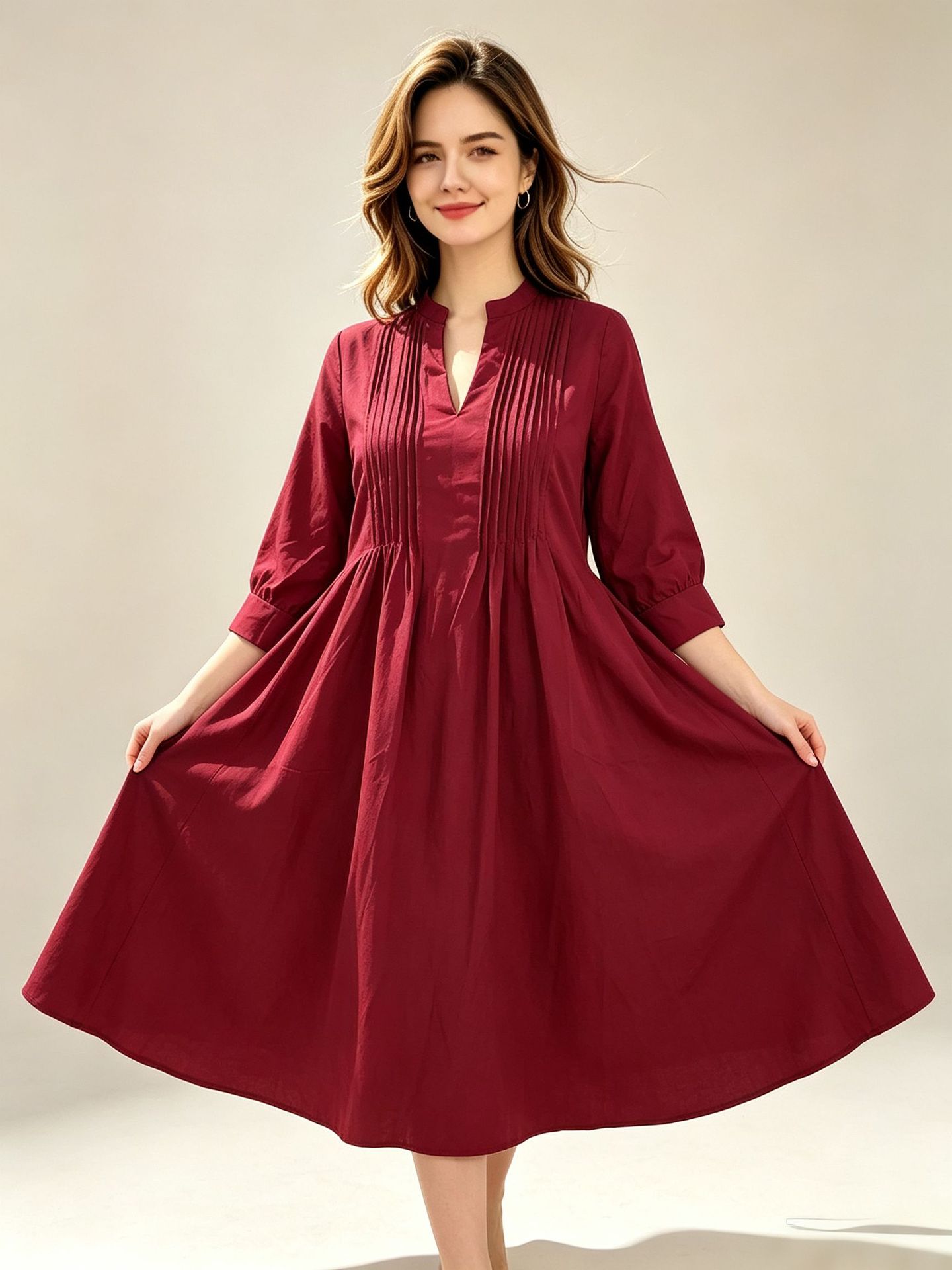 Women V-Neck Pleated A-Line Long Dress, Casual Vacation Long Sleeve Dress with Pockets